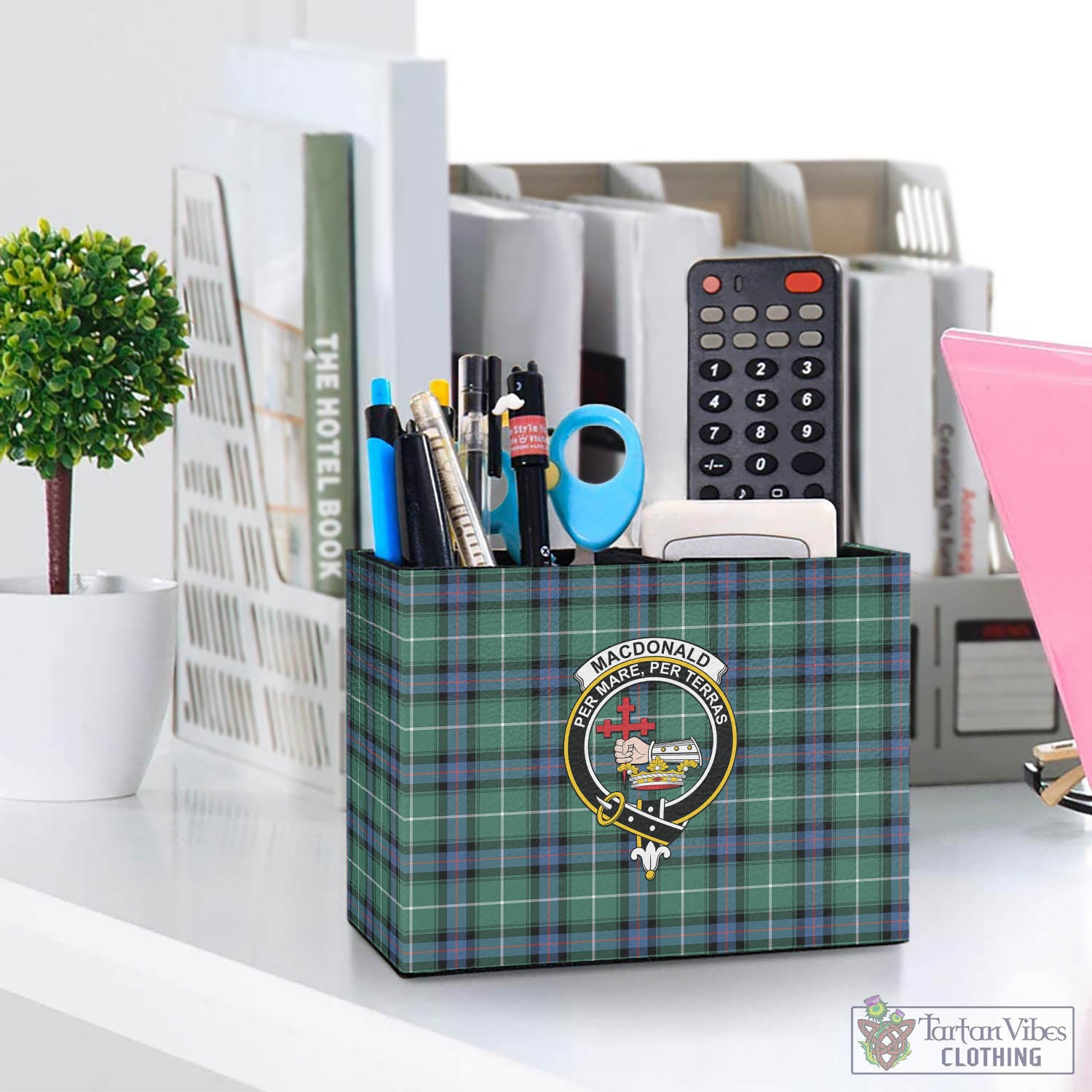 Tartan Vibes Clothing MacDonald of the Isles Hunting Ancient Tartan Pen Holder with Family Crest