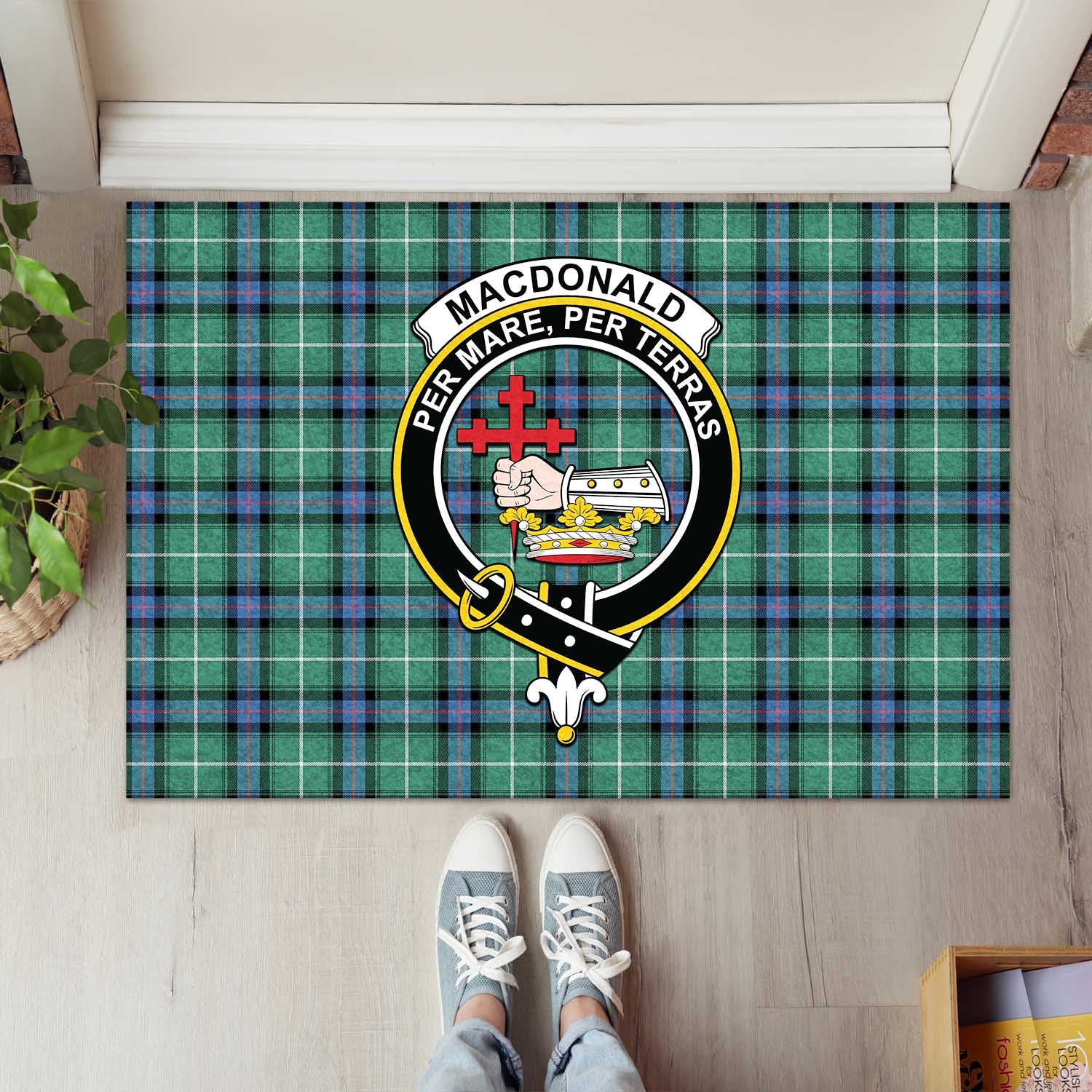 MacDonald of the Isles Hunting Ancient Tartan Door Mat with Family Crest - Tartanvibesclothing