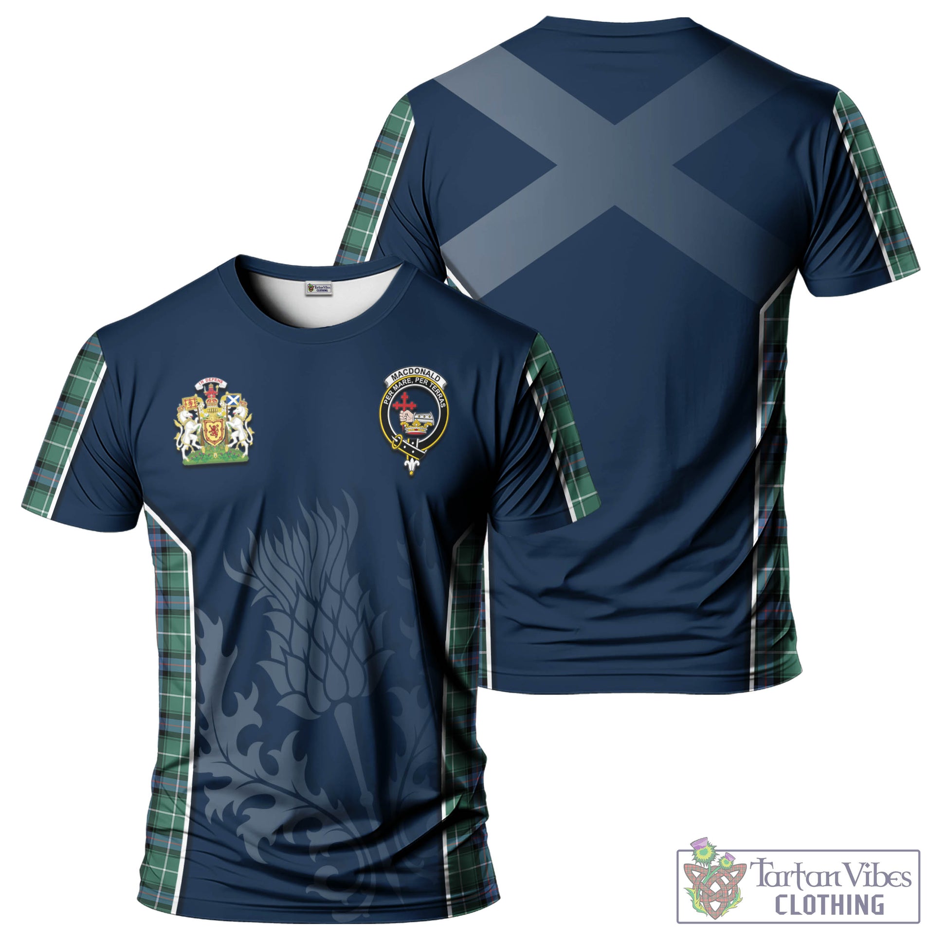 Tartan Vibes Clothing MacDonald of the Isles Hunting Ancient Tartan T-Shirt with Family Crest and Scottish Thistle Vibes Sport Style