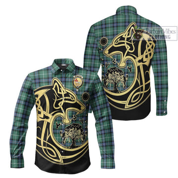 MacDonald of the Isles Hunting Ancient Tartan Long Sleeve Button Shirt with Family Crest Celtic Wolf Style