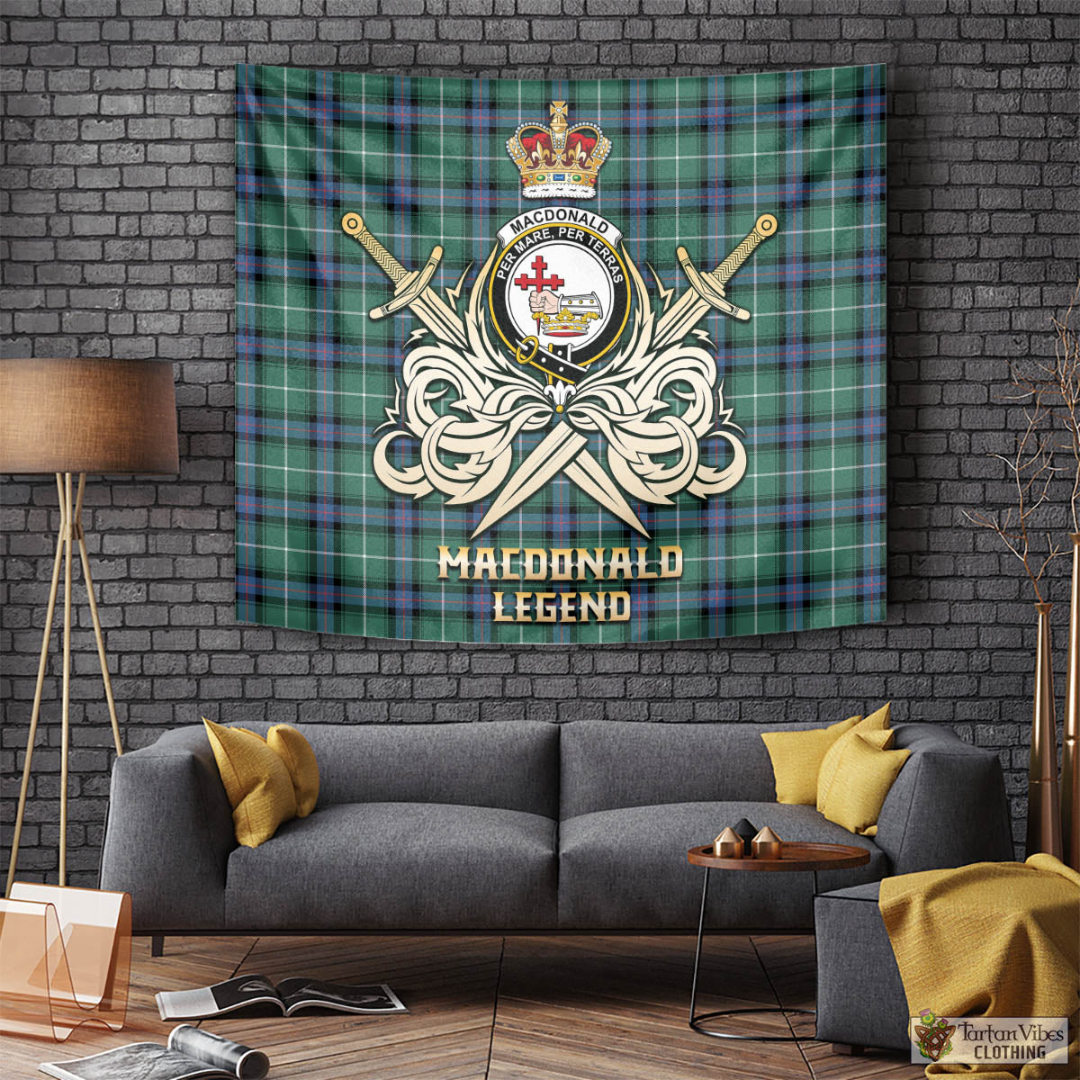 Tartan Vibes Clothing MacDonald of the Isles Hunting Ancient Tartan Tapestry with Clan Crest and the Golden Sword of Courageous Legacy
