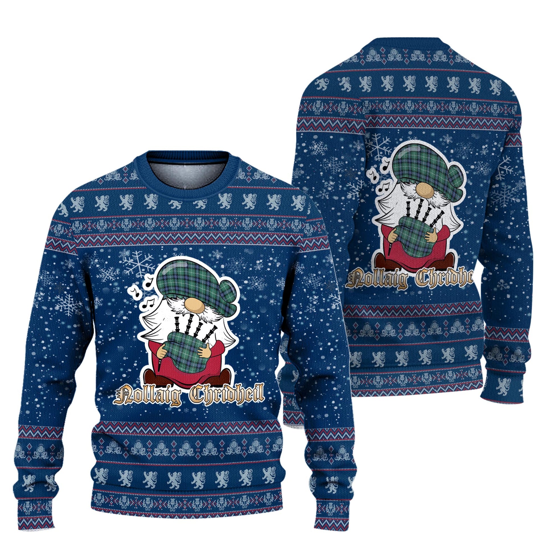 MacDonald of the Isles Hunting Ancient Clan Christmas Family Knitted Sweater with Funny Gnome Playing Bagpipes Unisex Blue - Tartanvibesclothing