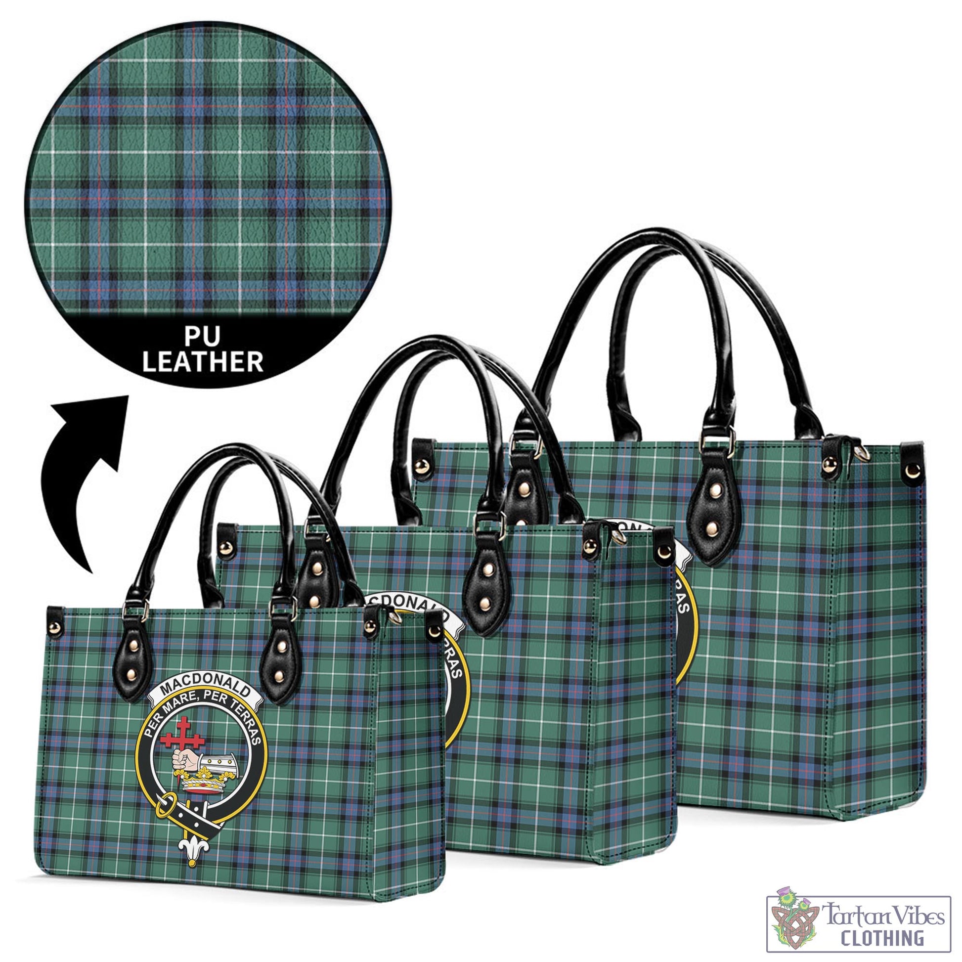 Tartan Vibes Clothing MacDonald of the Isles Hunting Ancient Tartan Luxury Leather Handbags with Family Crest