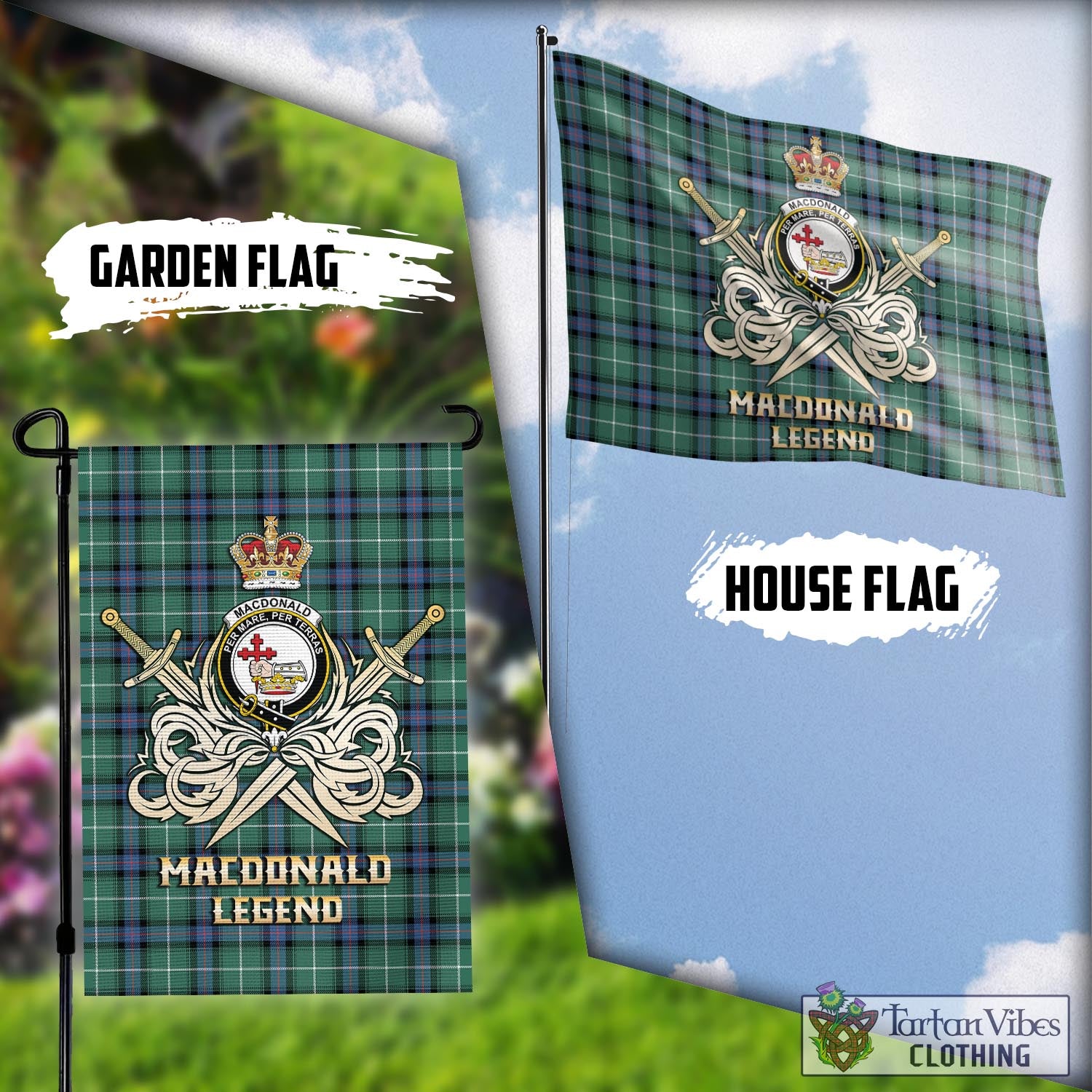 Tartan Vibes Clothing MacDonald of the Isles Hunting Ancient Tartan Flag with Clan Crest and the Golden Sword of Courageous Legacy