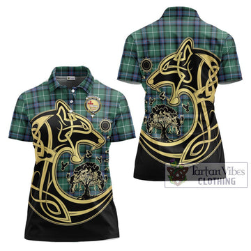 MacDonald of the Isles Hunting Ancient Tartan Women's Polo Shirt with Family Crest Celtic Wolf Style