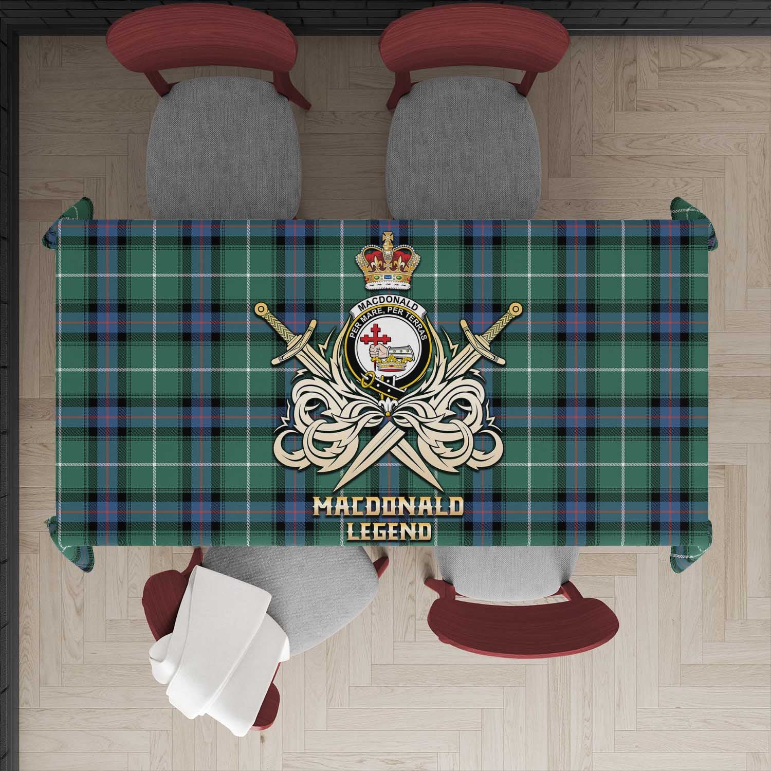Tartan Vibes Clothing MacDonald of the Isles Hunting Ancient Tartan Tablecloth with Clan Crest and the Golden Sword of Courageous Legacy