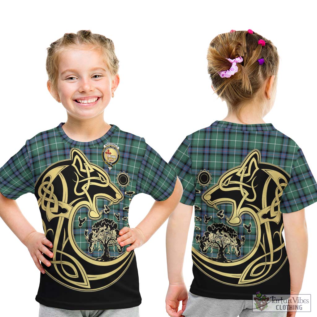 Tartan Vibes Clothing MacDonald of the Isles Hunting Ancient Tartan Kid T-Shirt with Family Crest Celtic Wolf Style
