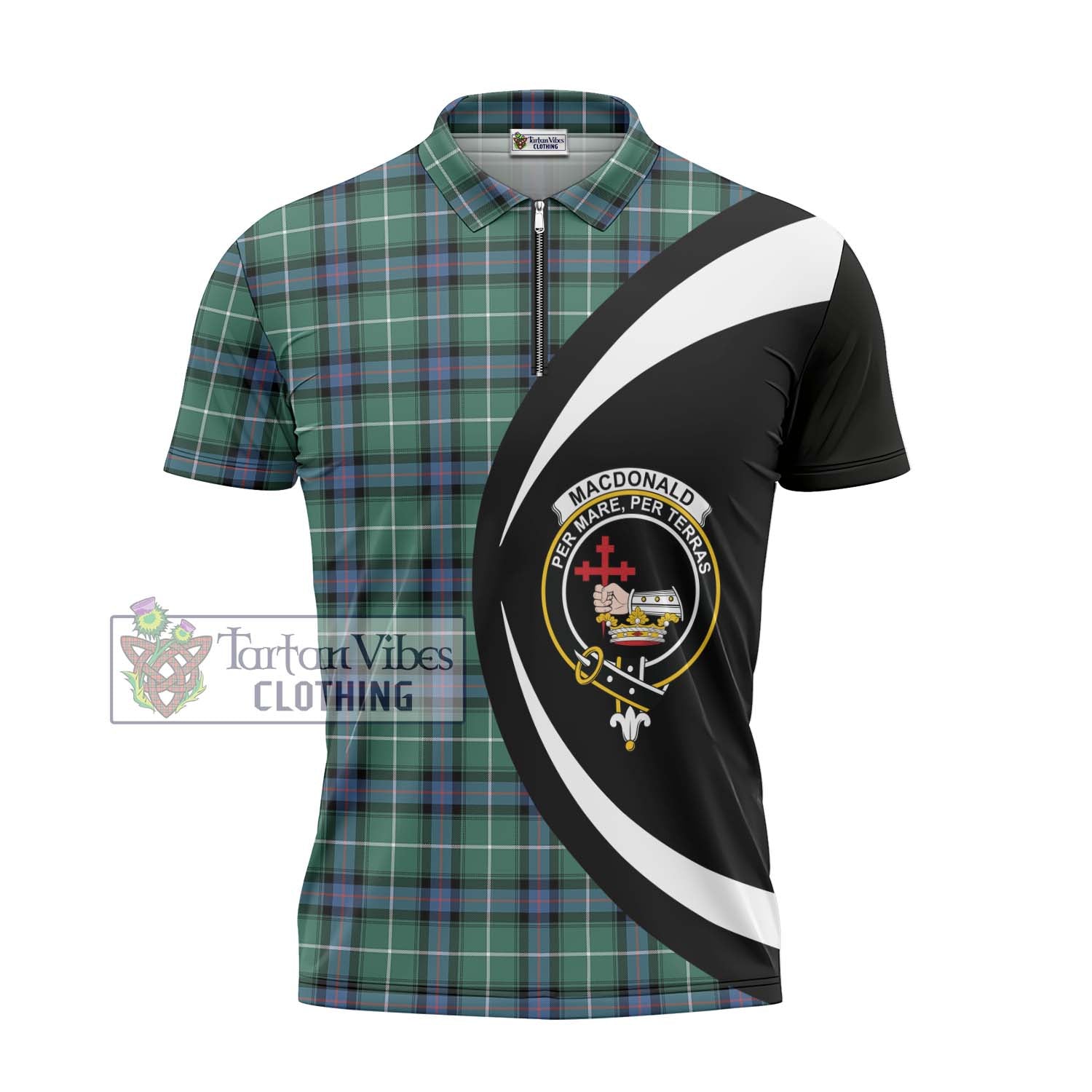 Tartan Vibes Clothing MacDonald of the Isles Hunting Ancient Tartan Zipper Polo Shirt with Family Crest Circle Style