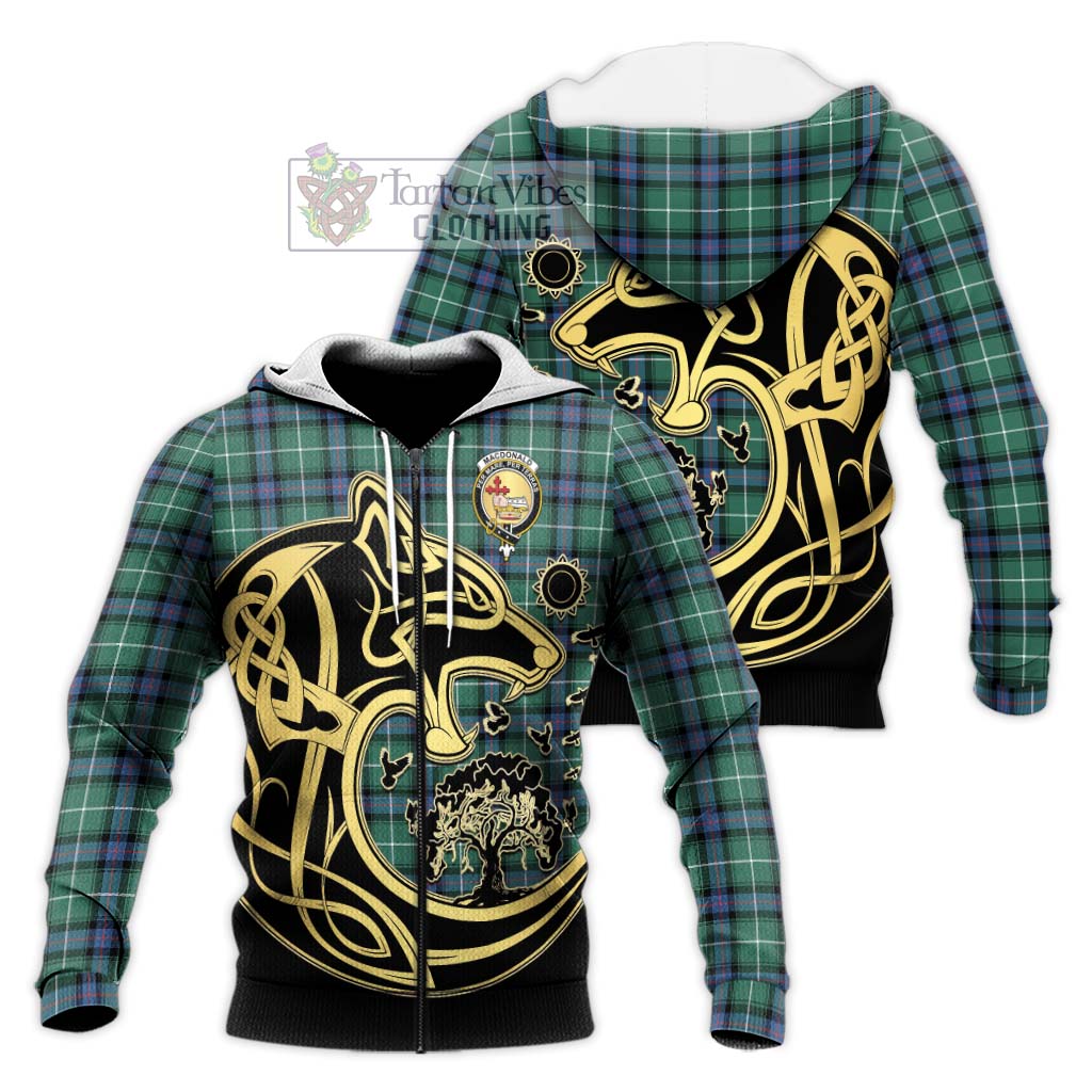 Tartan Vibes Clothing MacDonald of the Isles Hunting Ancient Tartan Knitted Hoodie with Family Crest Celtic Wolf Style
