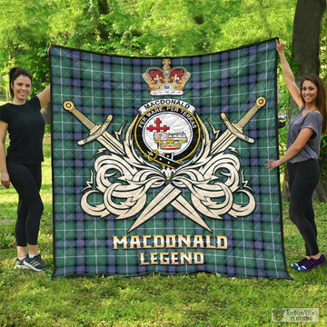 MacDonald of the Isles Hunting Ancient Tartan Quilt with Clan Crest and the Golden Sword of Courageous Legacy