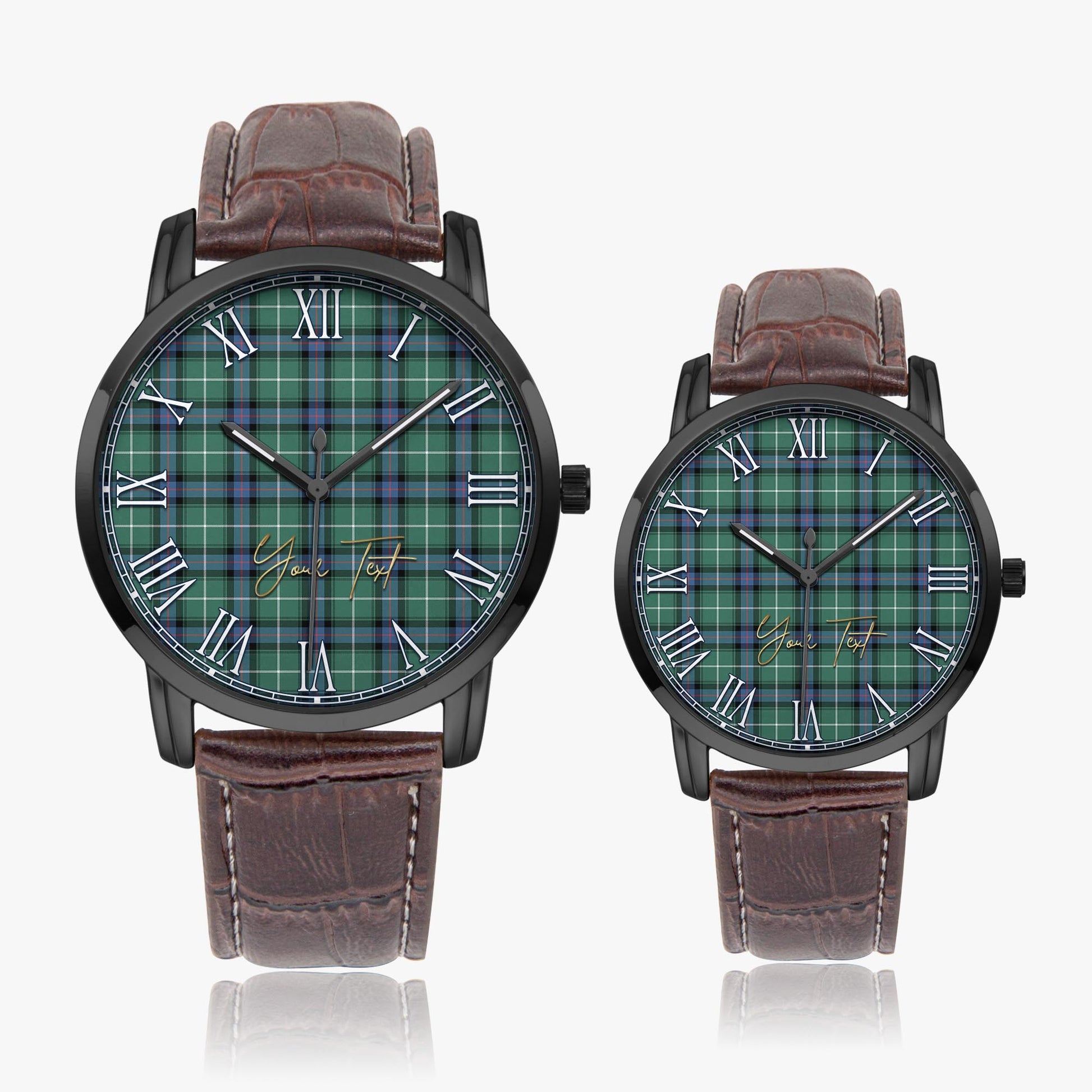 MacDonald of the Isles Hunting Ancient Tartan Personalized Your Text Leather Trap Quartz Watch Wide Type Black Case With Brown Leather Strap - Tartanvibesclothing