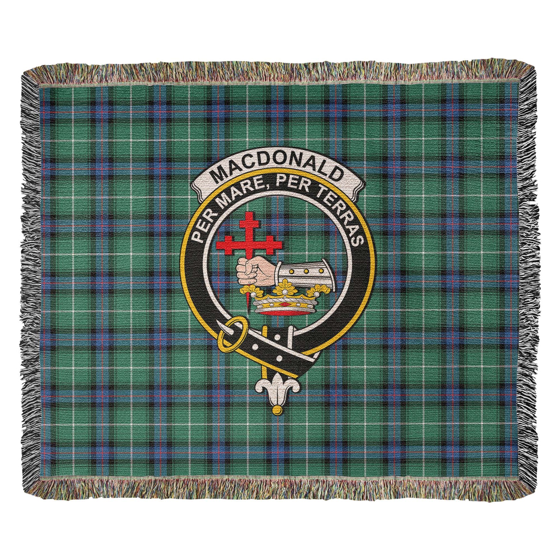 Tartan Vibes Clothing MacDonald of the Isles Hunting Ancient Tartan Woven Blanket with Family Crest