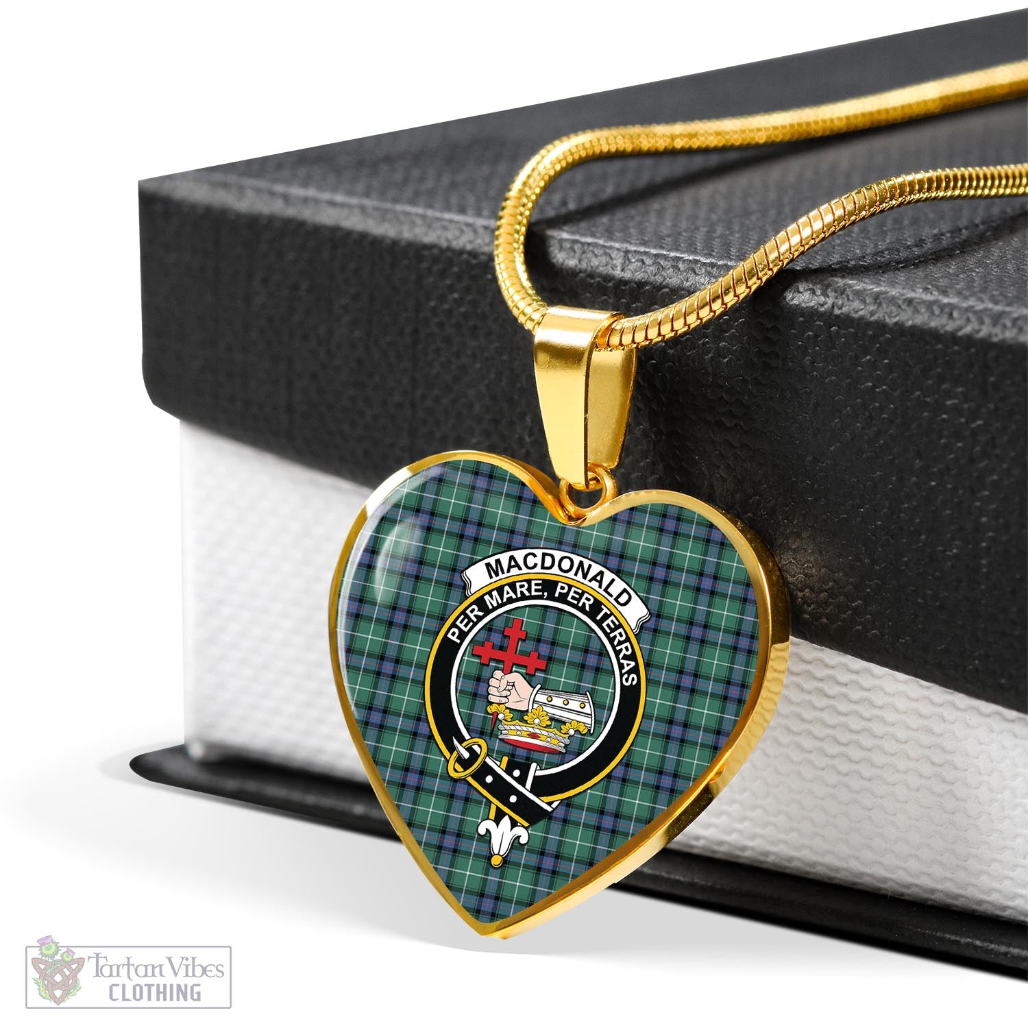 Tartan Vibes Clothing MacDonald of the Isles Hunting Ancient Tartan Heart Necklace with Family Crest