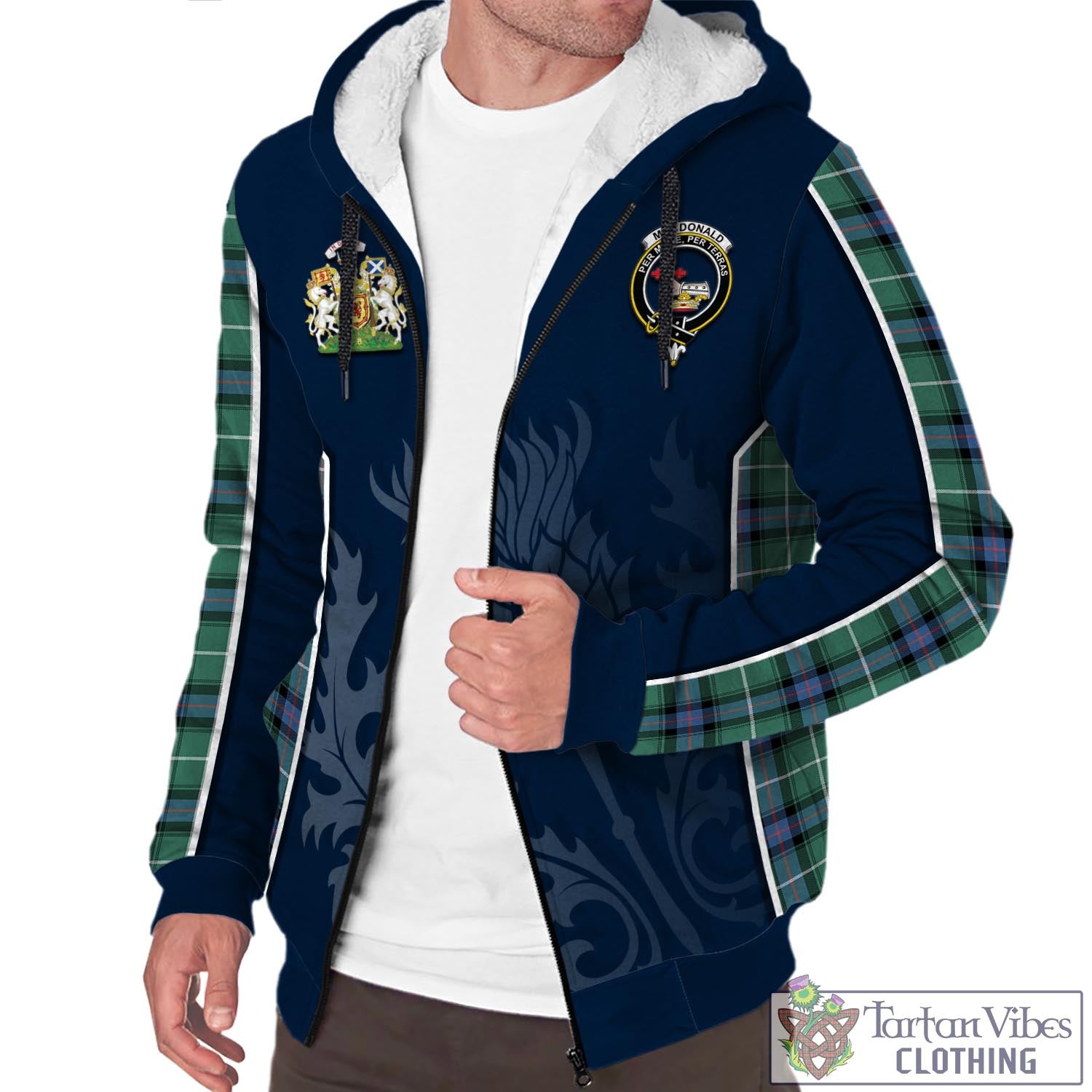 Tartan Vibes Clothing MacDonald of the Isles Hunting Ancient Tartan Sherpa Hoodie with Family Crest and Scottish Thistle Vibes Sport Style