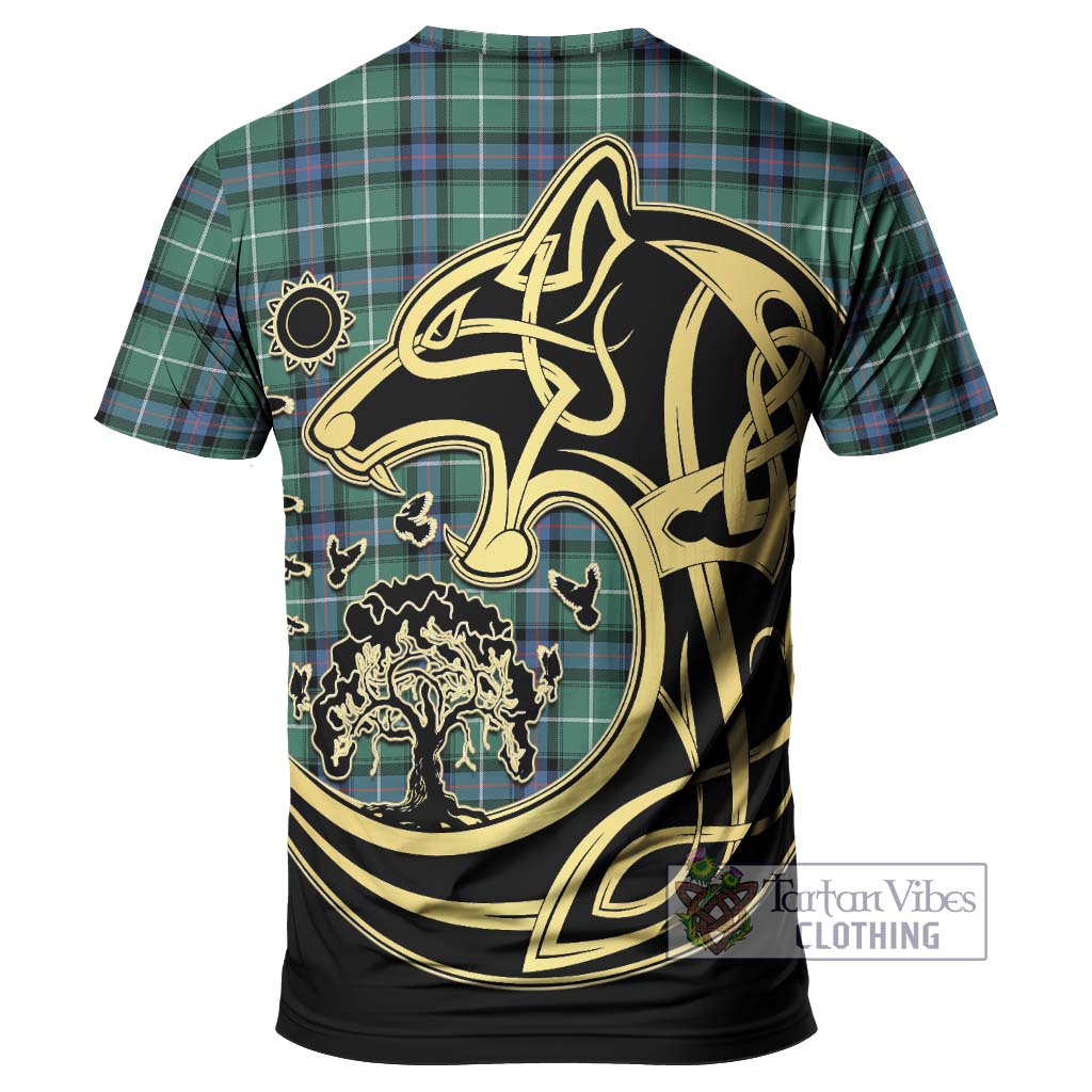 Tartan Vibes Clothing MacDonald of the Isles Hunting Ancient Tartan T-Shirt with Family Crest Celtic Wolf Style
