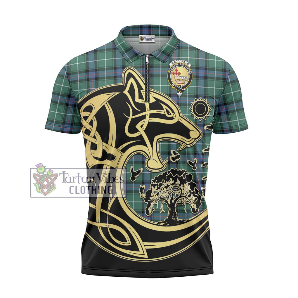 MacDonald of the Isles Hunting Ancient Tartan Zipper Polo Shirt with Family Crest Celtic Wolf Style - Tartanvibesclothing Shop