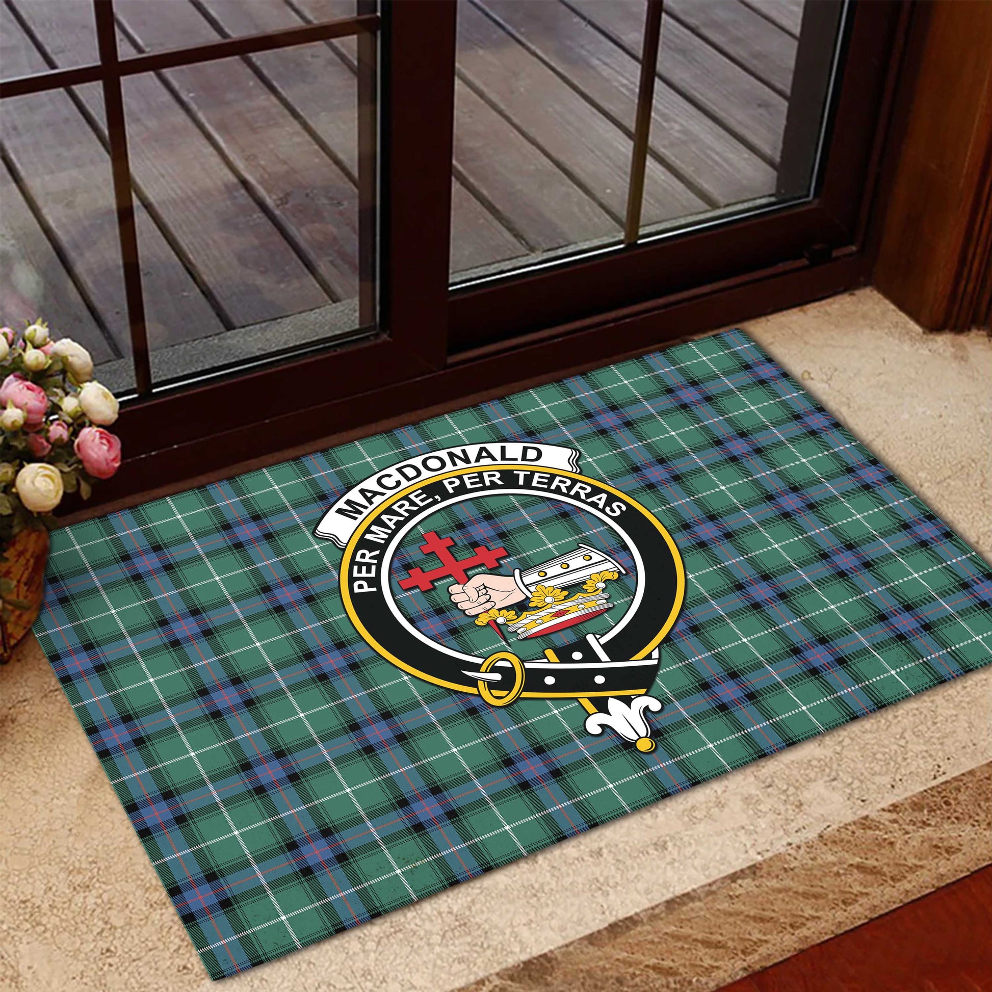 MacDonald of the Isles Hunting Ancient Tartan Door Mat with Family Crest - Tartanvibesclothing