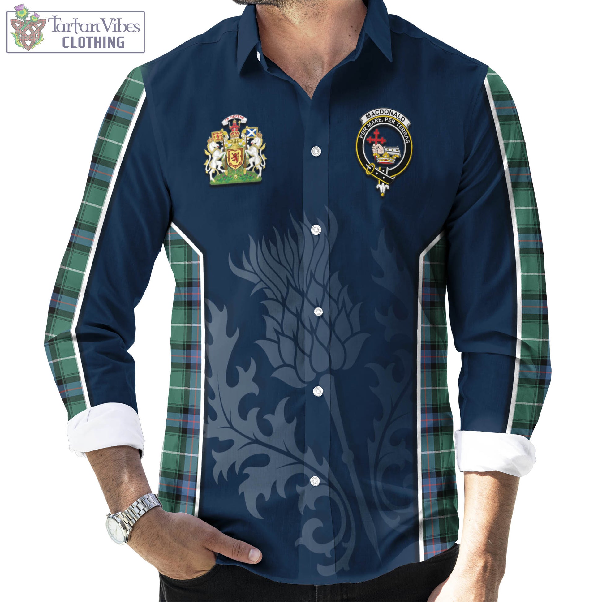 Tartan Vibes Clothing MacDonald of the Isles Hunting Ancient Tartan Long Sleeve Button Up Shirt with Family Crest and Scottish Thistle Vibes Sport Style