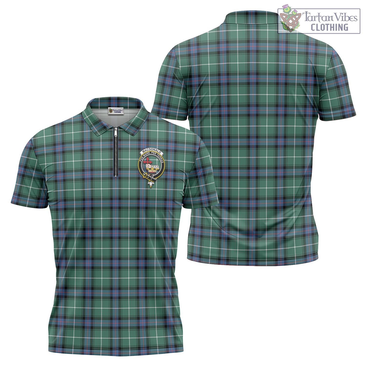 Tartan Vibes Clothing MacDonald of the Isles Hunting Ancient Tartan Zipper Polo Shirt with Family Crest