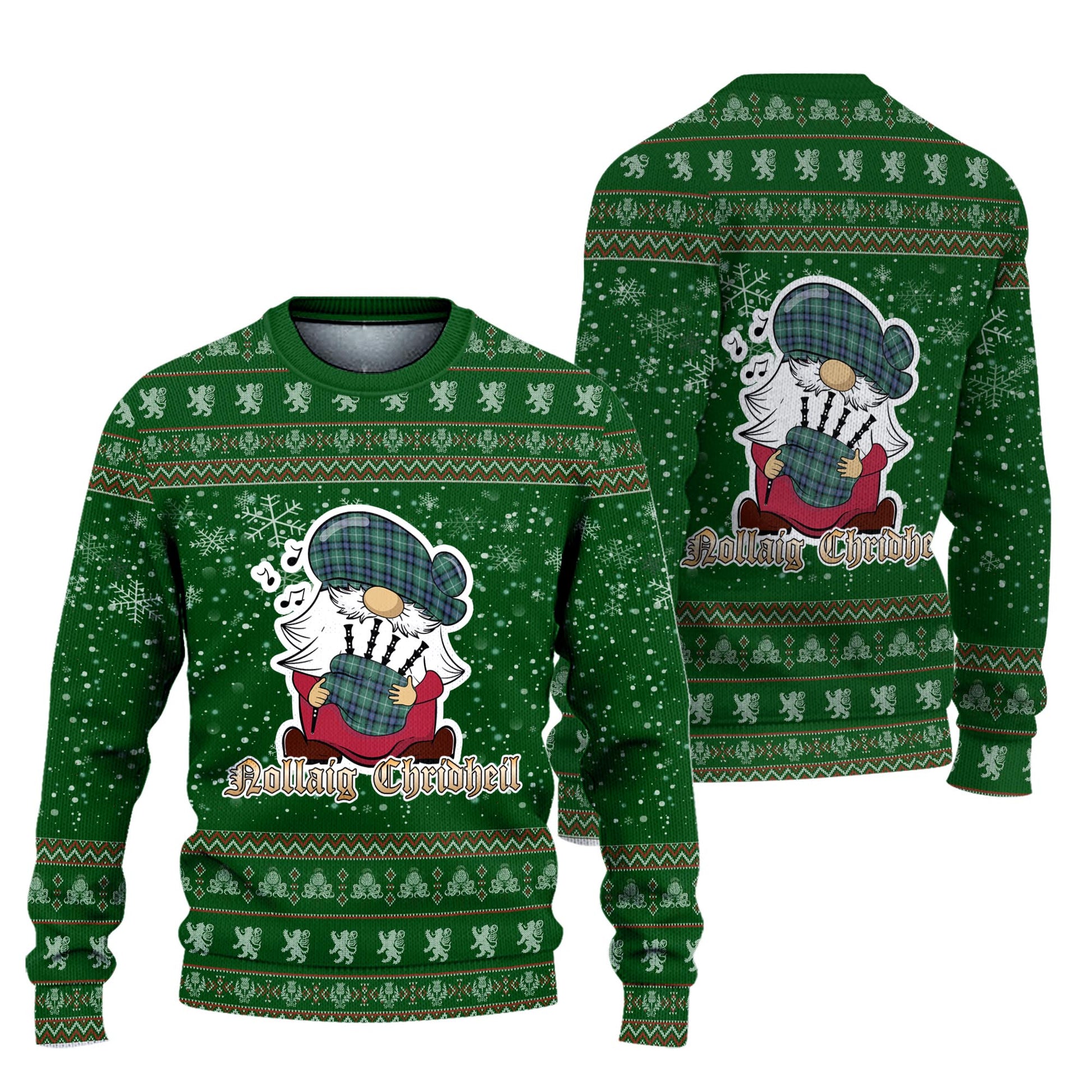 MacDonald of the Isles Hunting Ancient Clan Christmas Family Knitted Sweater with Funny Gnome Playing Bagpipes Unisex Green - Tartanvibesclothing