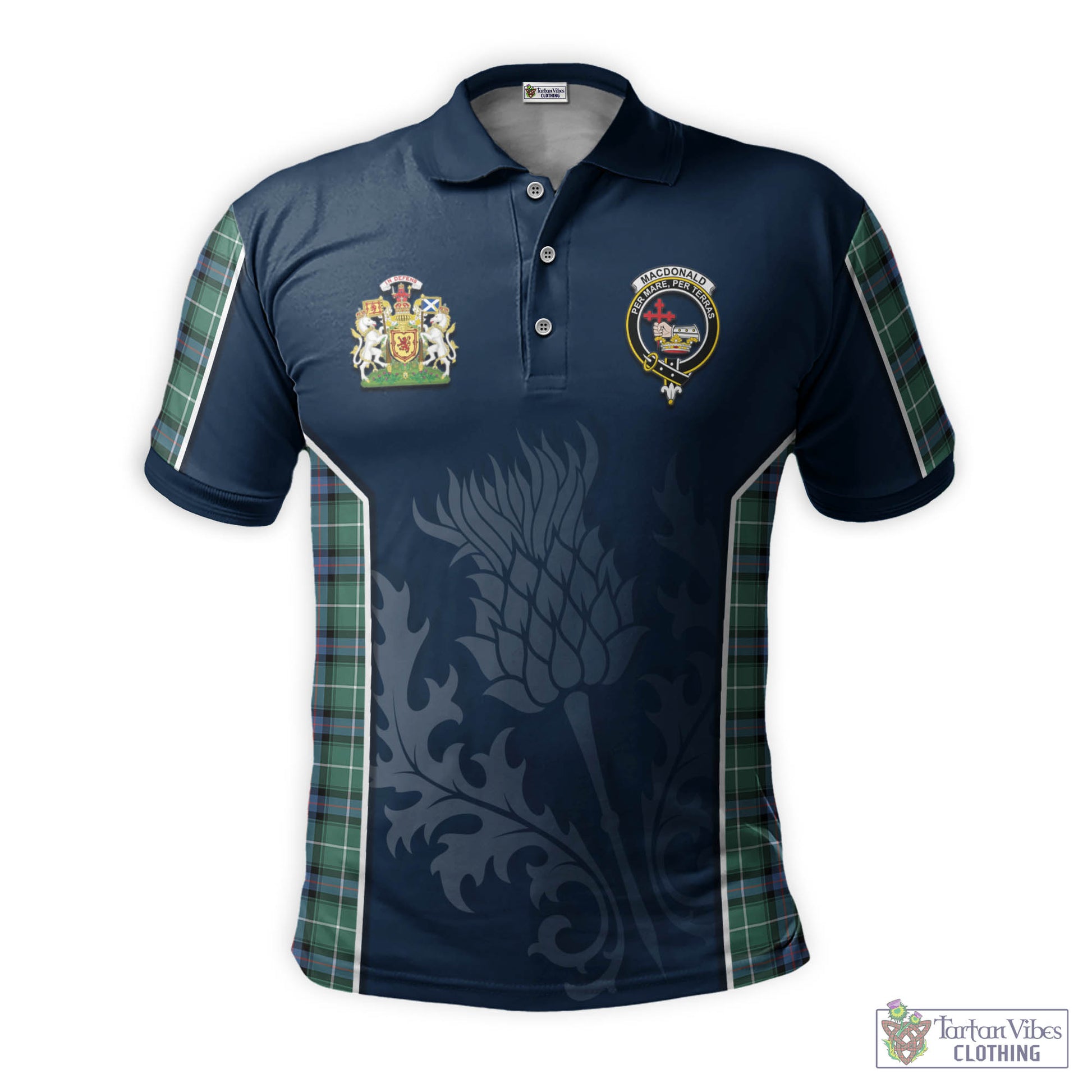 Tartan Vibes Clothing MacDonald of the Isles Hunting Ancient Tartan Men's Polo Shirt with Family Crest and Scottish Thistle Vibes Sport Style
