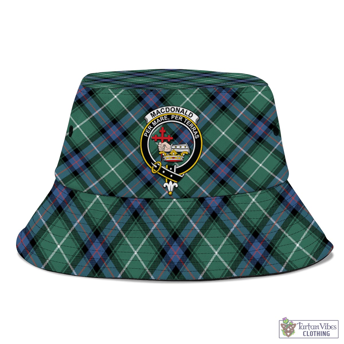 Tartan Vibes Clothing MacDonald of the Isles Hunting Ancient Tartan Bucket Hat with Family Crest
