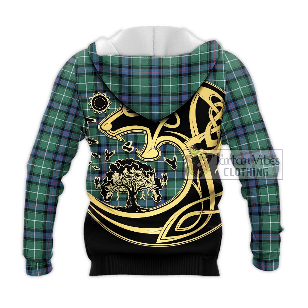 Tartan Vibes Clothing MacDonald of the Isles Hunting Ancient Tartan Knitted Hoodie with Family Crest Celtic Wolf Style
