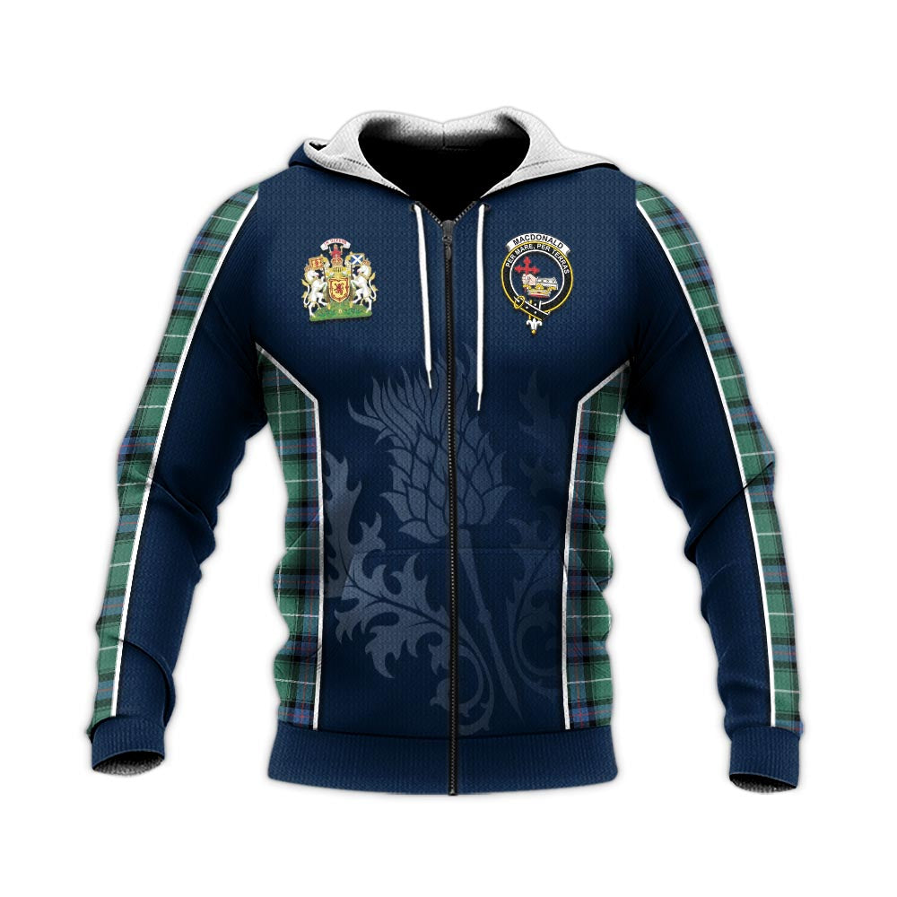 Tartan Vibes Clothing MacDonald of the Isles Hunting Ancient Tartan Knitted Hoodie with Family Crest and Scottish Thistle Vibes Sport Style