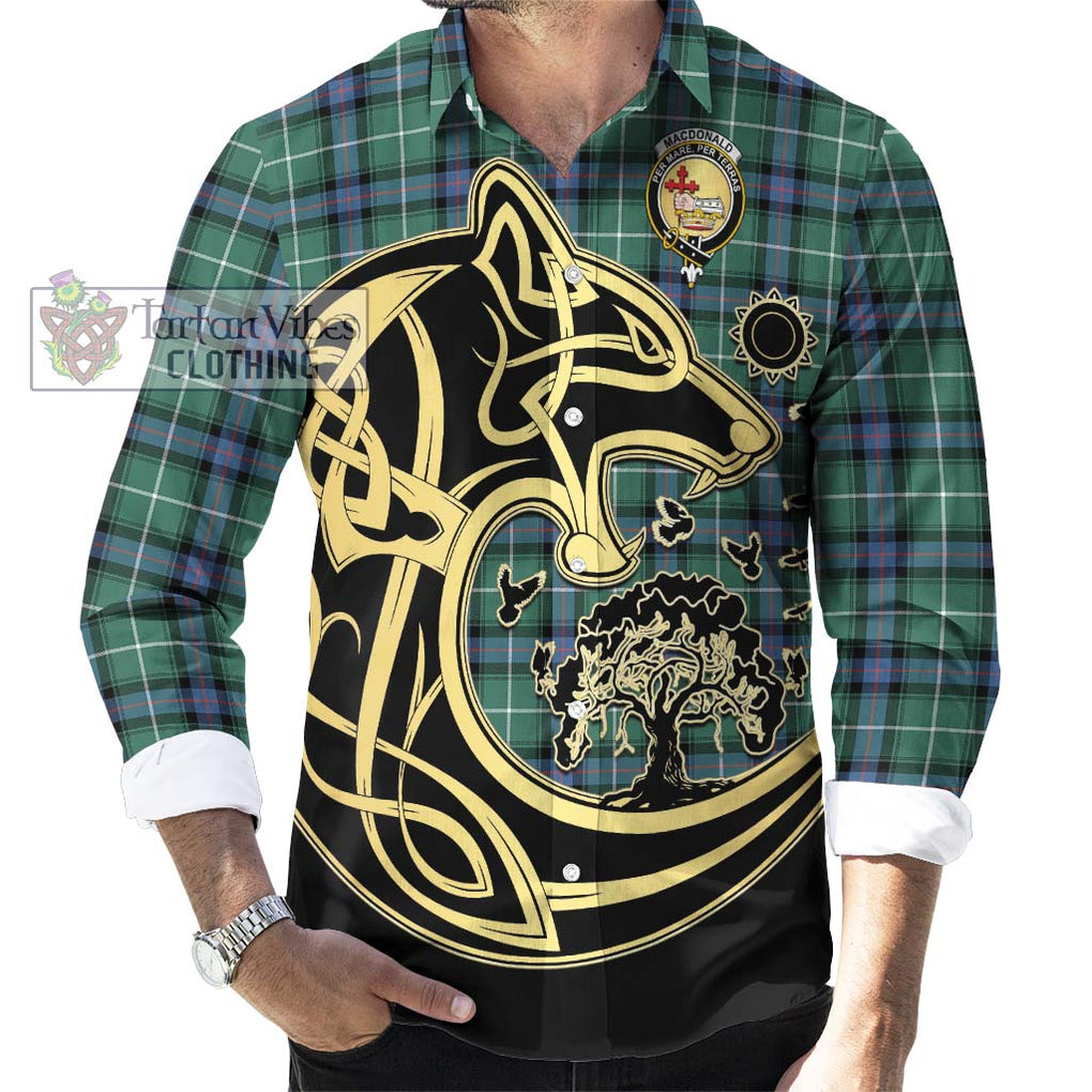 MacDonald of the Isles Hunting Ancient Tartan Long Sleeve Button Shirt with Family Crest Celtic Wolf Style - Tartan Vibes Clothing