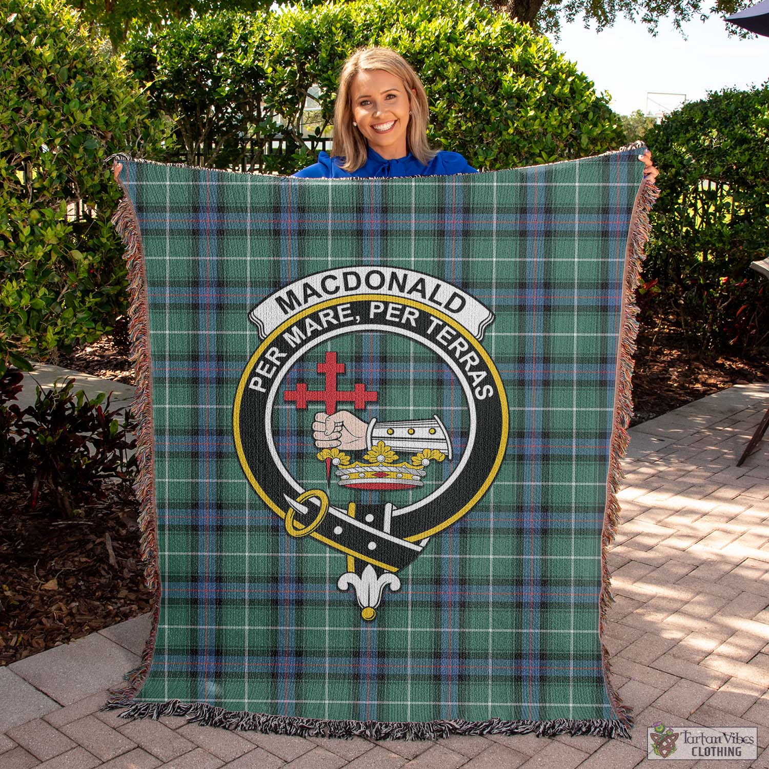 Tartan Vibes Clothing MacDonald of the Isles Hunting Ancient Tartan Woven Blanket with Family Crest