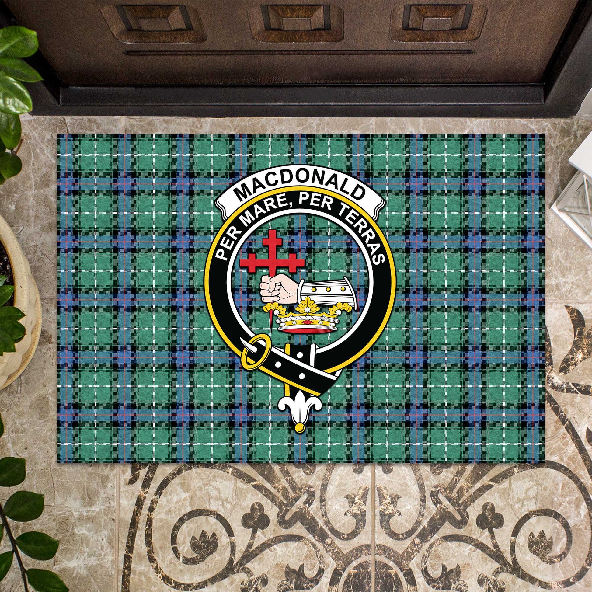 MacDonald of the Isles Hunting Ancient Tartan Door Mat with Family Crest - Tartanvibesclothing