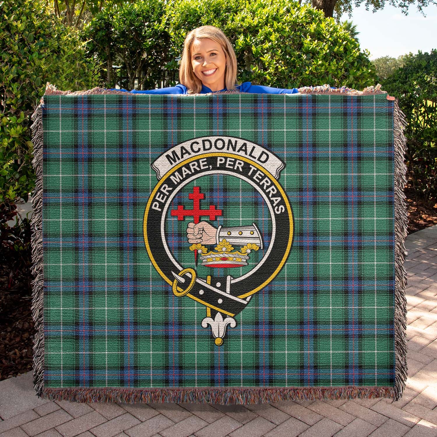 Tartan Vibes Clothing MacDonald of the Isles Hunting Ancient Tartan Woven Blanket with Family Crest