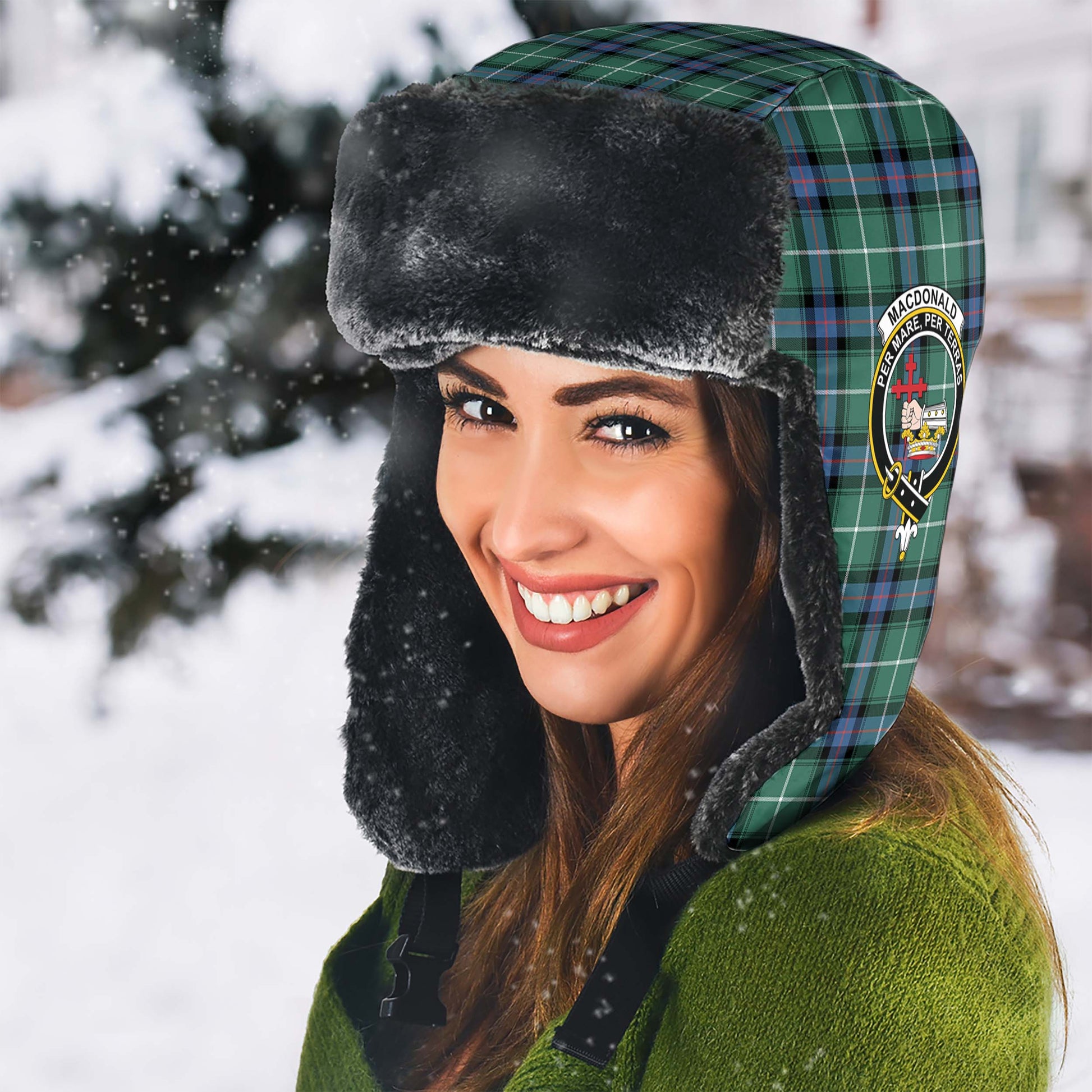 MacDonald of the Isles Hunting Ancient Tartan Winter Trapper Hat with Family Crest - Tartanvibesclothing