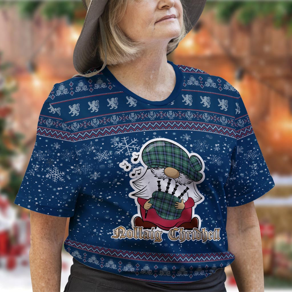 MacDonald of the Isles Hunting Ancient Clan Christmas Family T-Shirt with Funny Gnome Playing Bagpipes Women's Shirt Blue - Tartanvibesclothing