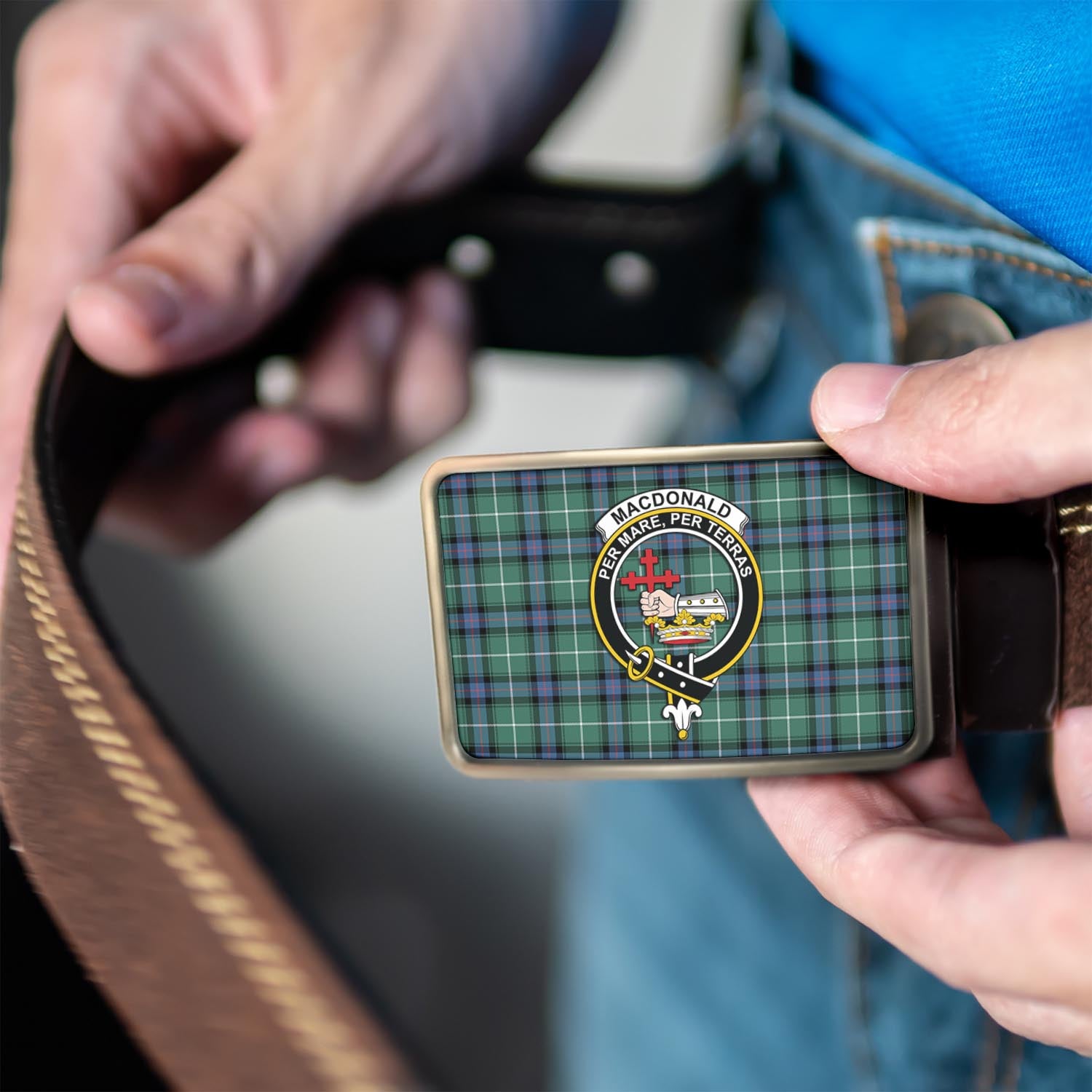 MacDonald of the Isles Hunting Ancient Tartan Belt Buckles with Family Crest - Tartanvibesclothing