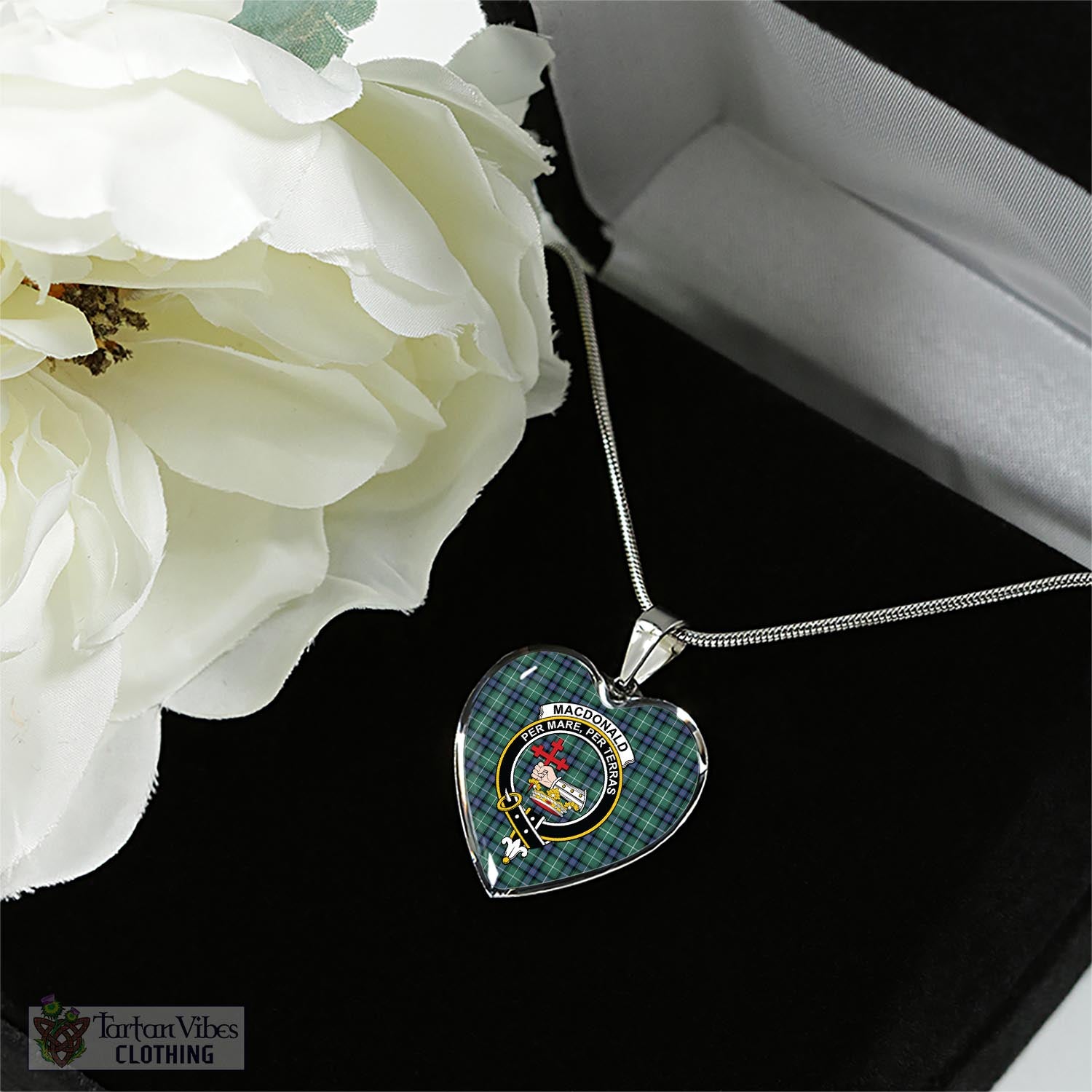 Tartan Vibes Clothing MacDonald of the Isles Hunting Ancient Tartan Heart Necklace with Family Crest