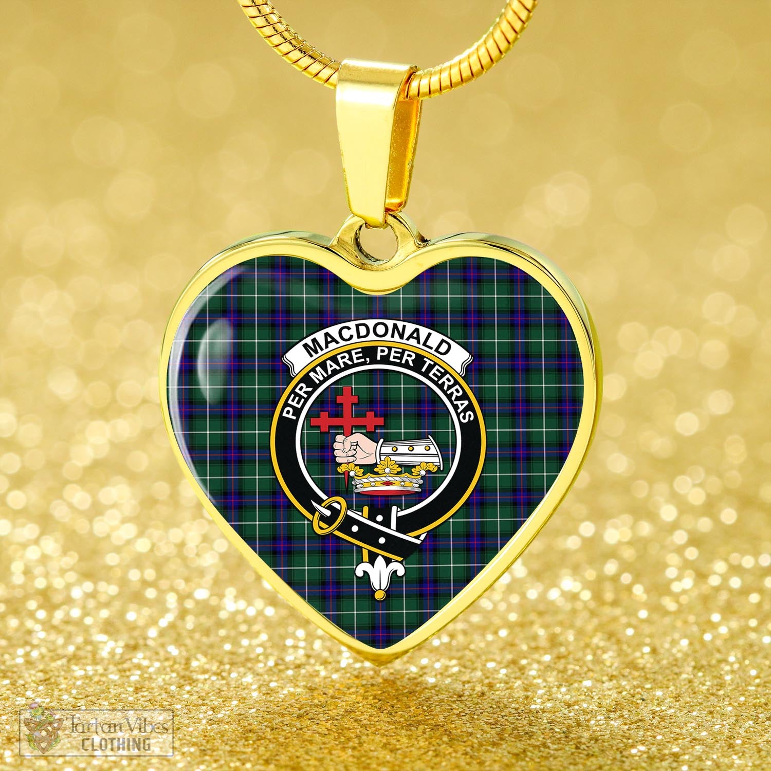 Tartan Vibes Clothing MacDonald of the Isles Hunting Modern Tartan Heart Necklace with Family Crest