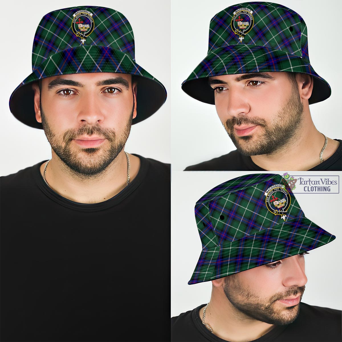 Tartan Vibes Clothing MacDonald of the Isles Hunting Modern Tartan Bucket Hat with Family Crest