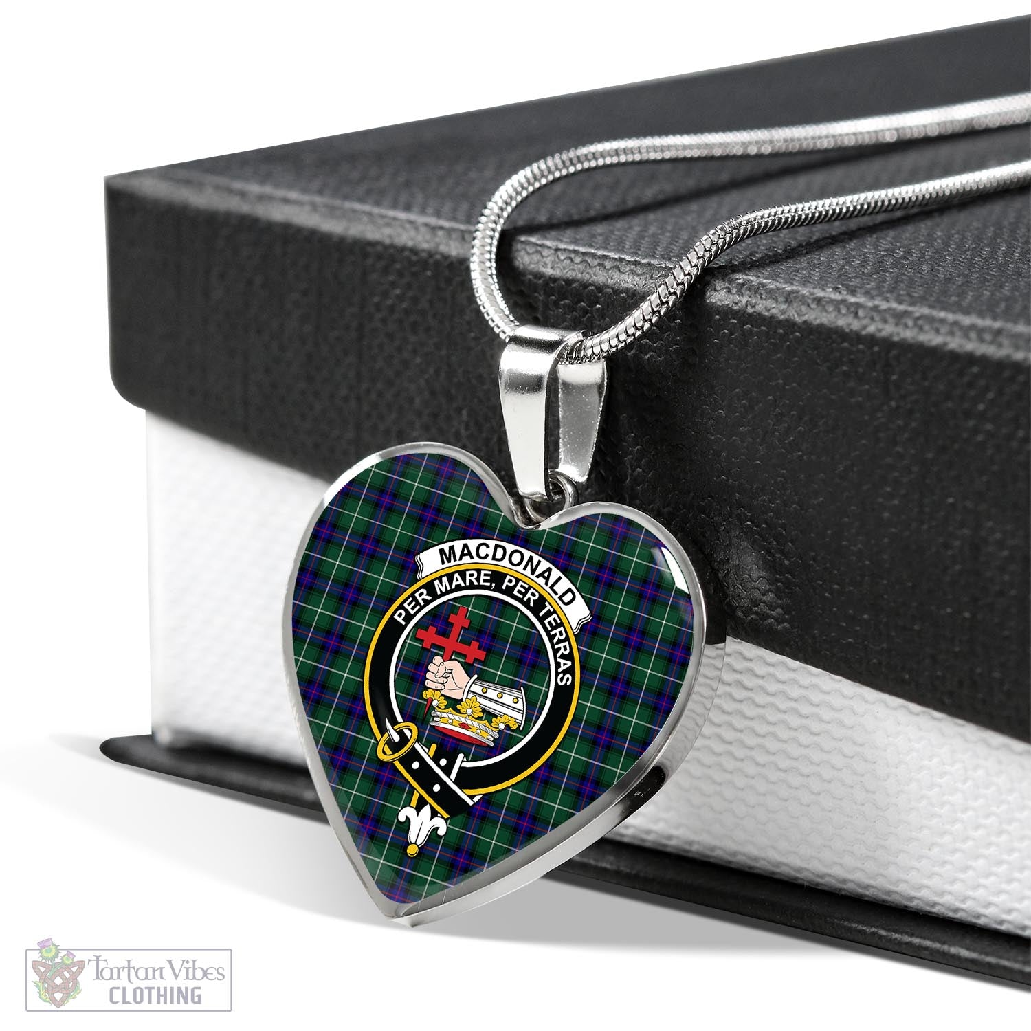 Tartan Vibes Clothing MacDonald of the Isles Hunting Modern Tartan Heart Necklace with Family Crest