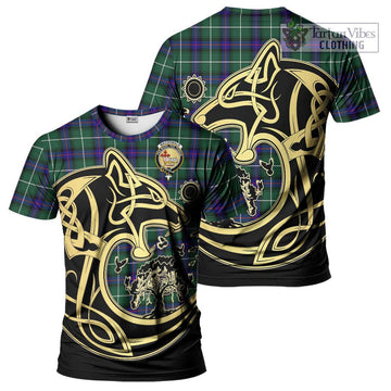 MacDonald of the Isles Hunting Modern Tartan T-Shirt with Family Crest Celtic Wolf Style