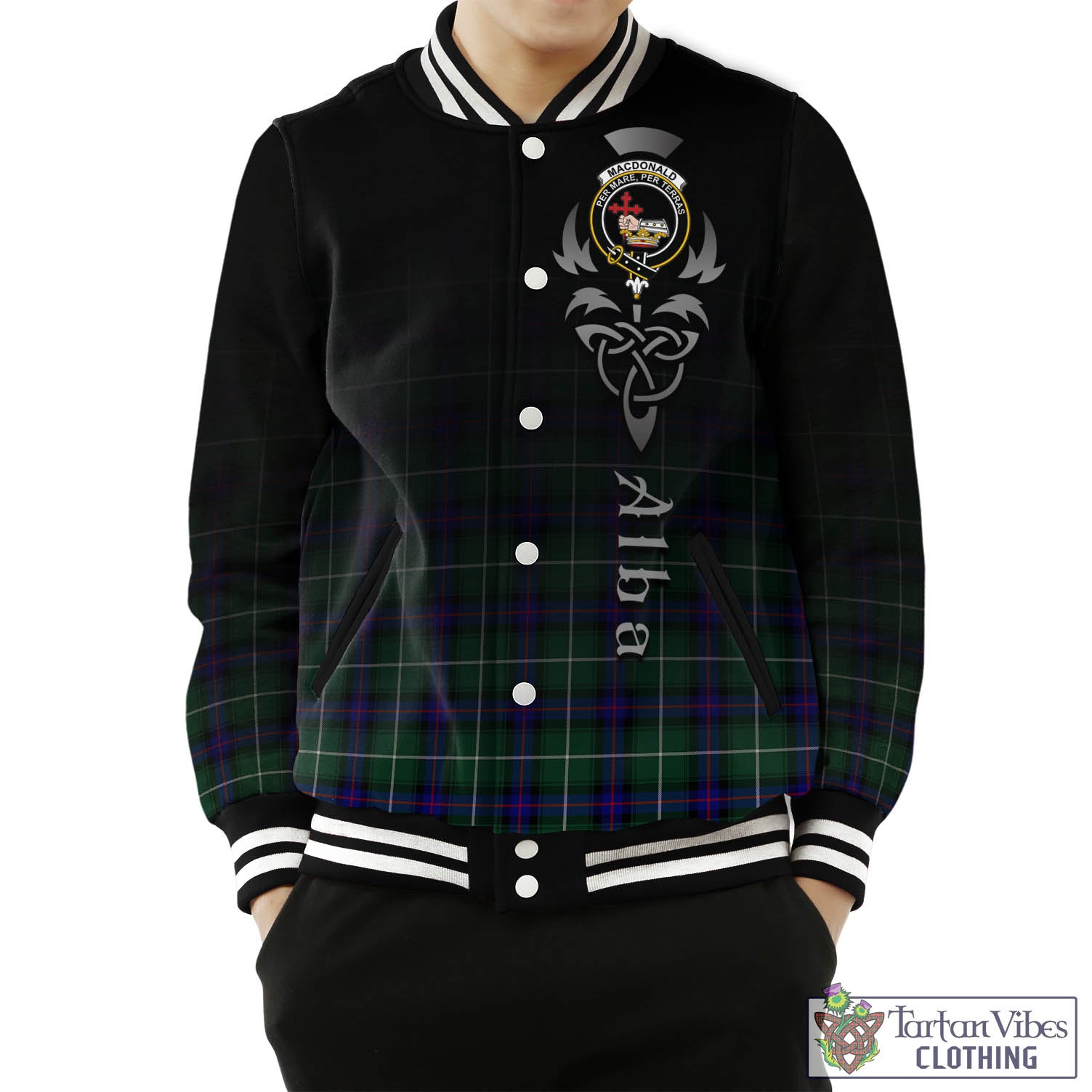 Tartan Vibes Clothing MacDonald of the Isles Hunting Modern Tartan Baseball Jacket Featuring Alba Gu Brath Family Crest Celtic Inspired