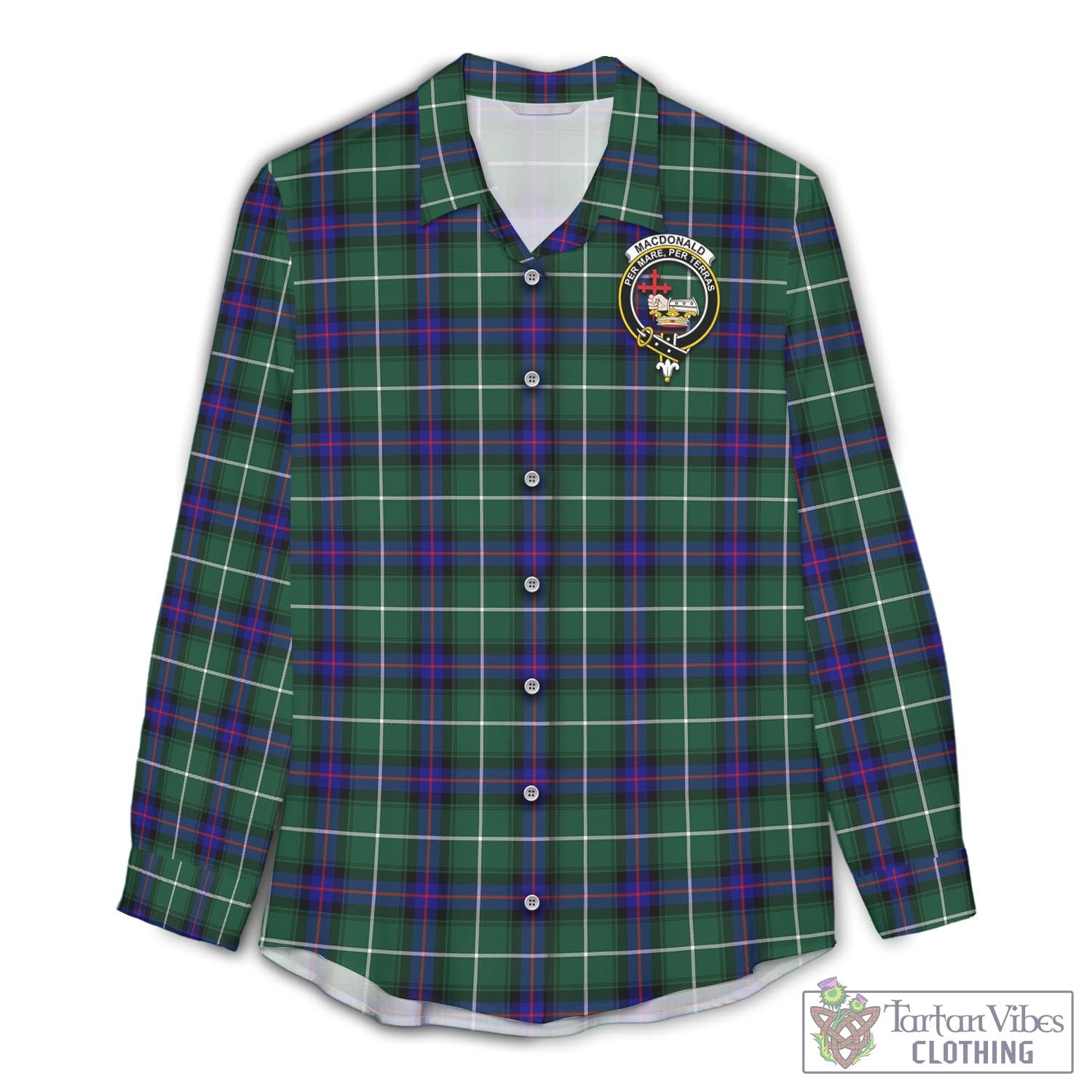 Tartan Vibes Clothing MacDonald of the Isles Hunting Modern Tartan Womens Casual Shirt with Family Crest