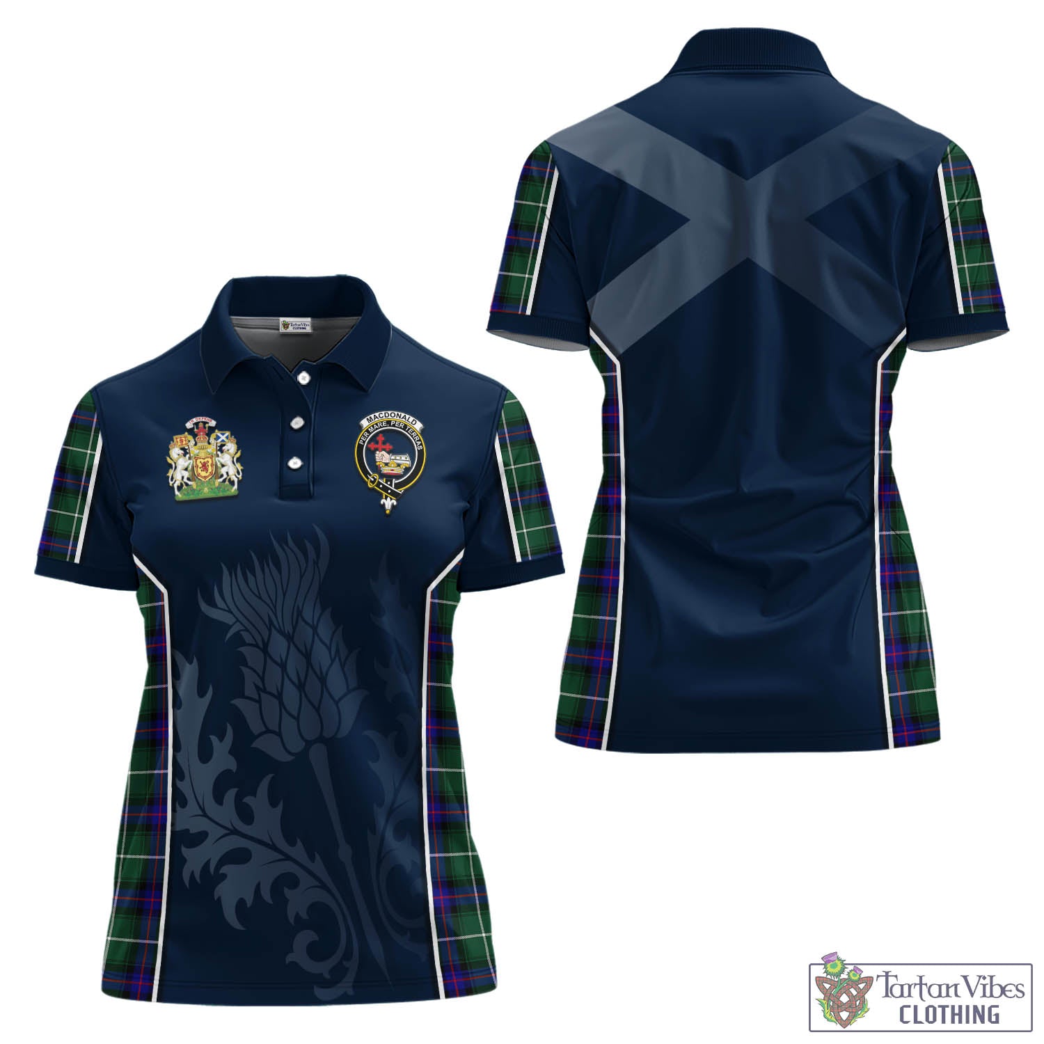 Tartan Vibes Clothing MacDonald of the Isles Hunting Modern Tartan Women's Polo Shirt with Family Crest and Scottish Thistle Vibes Sport Style