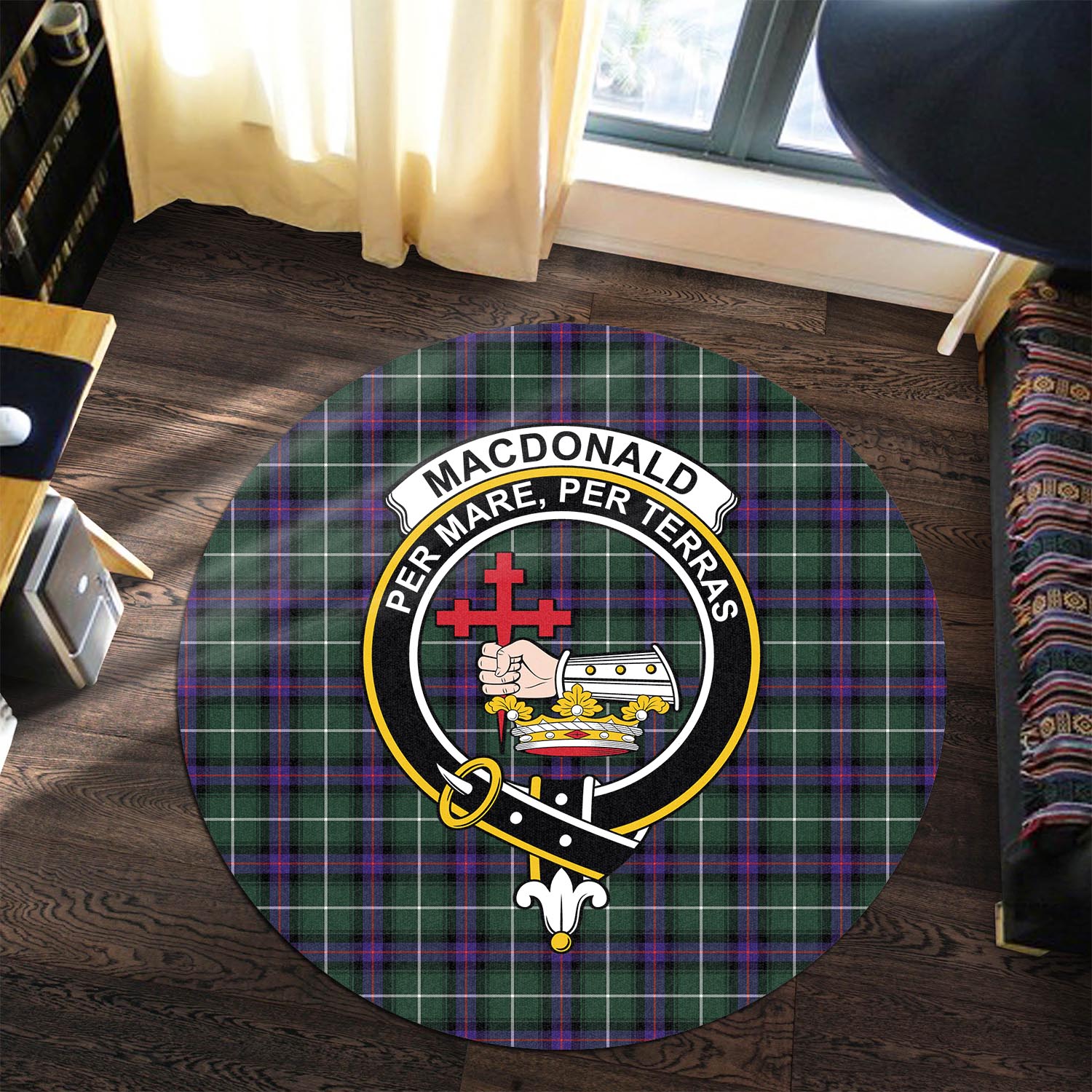 macdonald-of-the-isles-hunting-modern-tartan-round-rug-with-family-crest