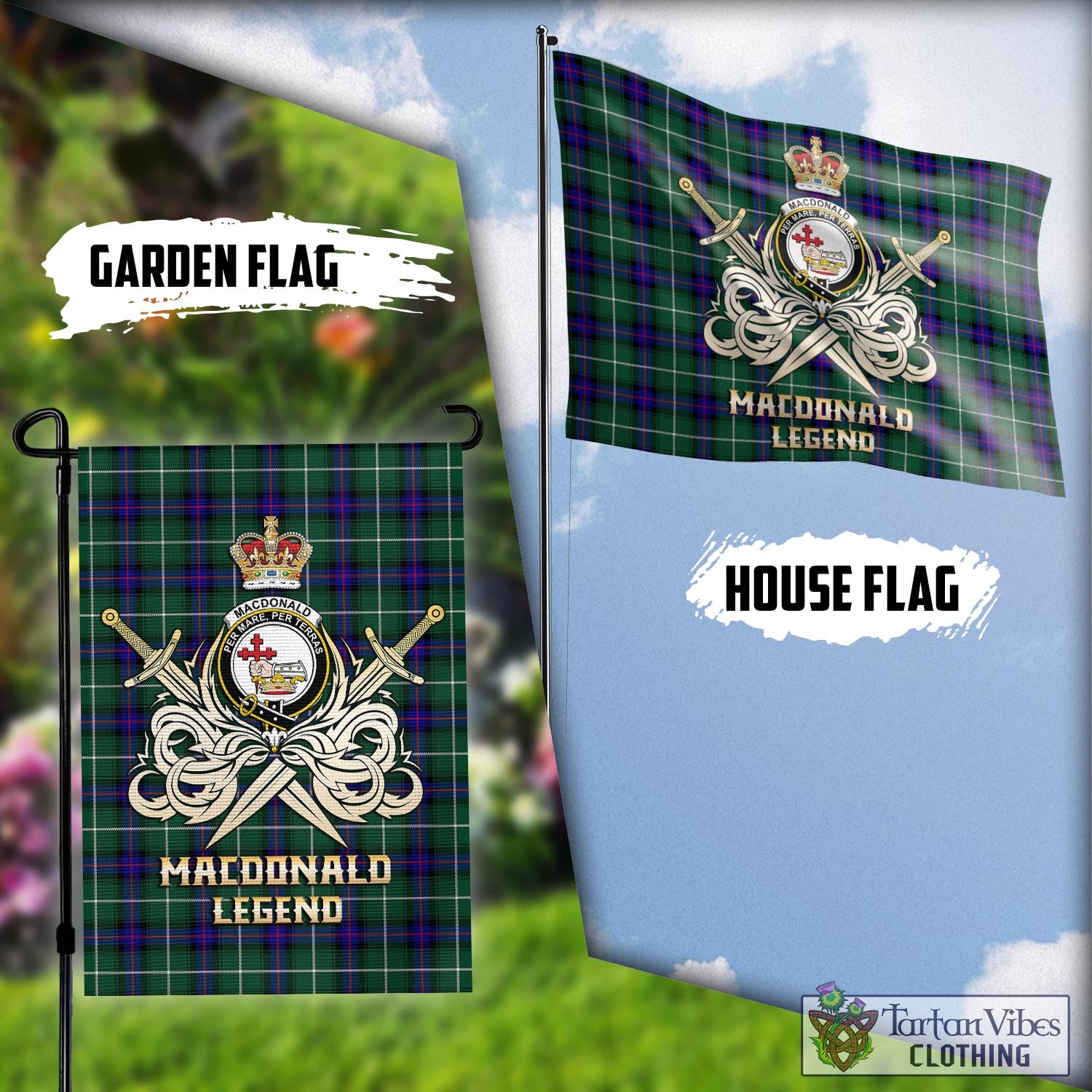 Tartan Vibes Clothing MacDonald of the Isles Hunting Modern Tartan Flag with Clan Crest and the Golden Sword of Courageous Legacy