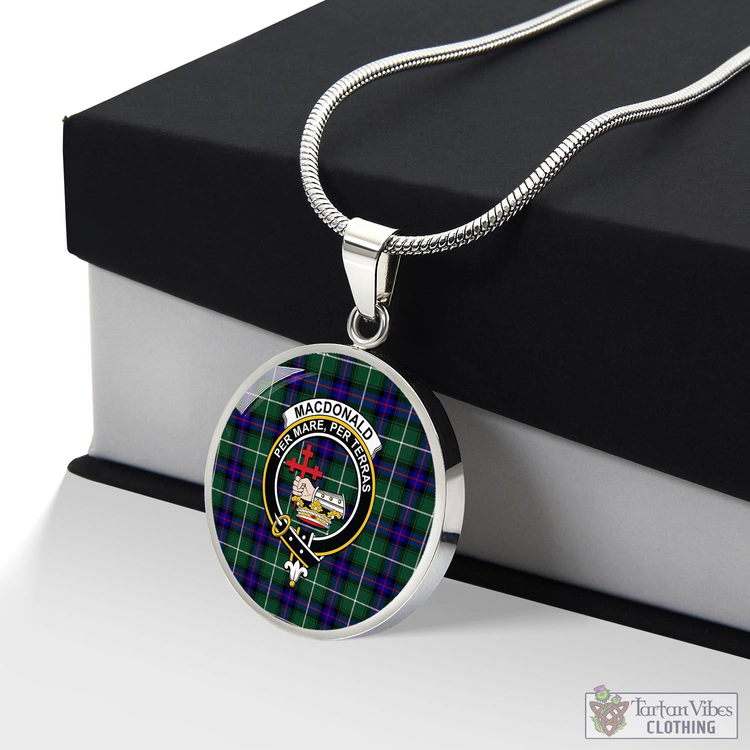 Tartan Vibes Clothing MacDonald of the Isles Hunting Modern Tartan Circle Necklace with Family Crest