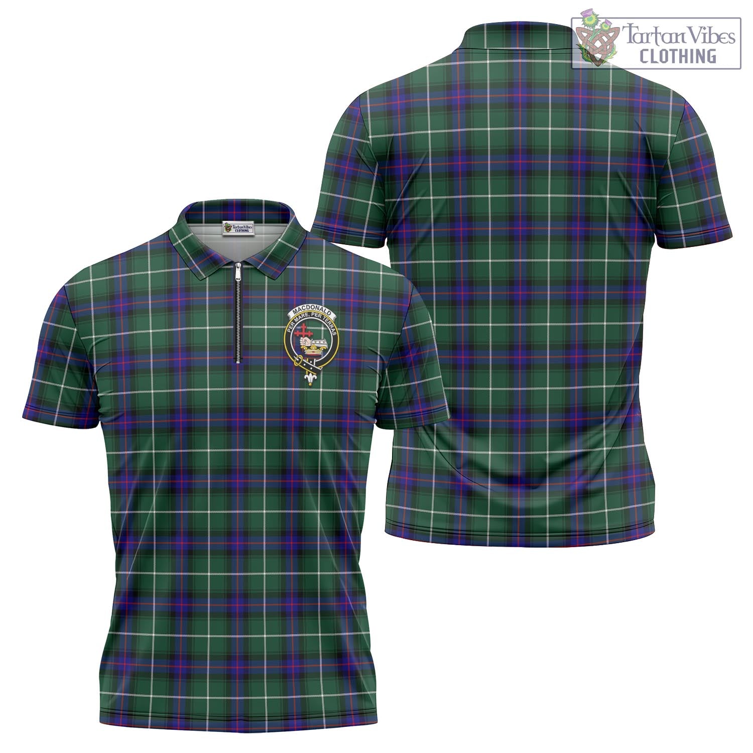 Tartan Vibes Clothing MacDonald of the Isles Hunting Modern Tartan Zipper Polo Shirt with Family Crest