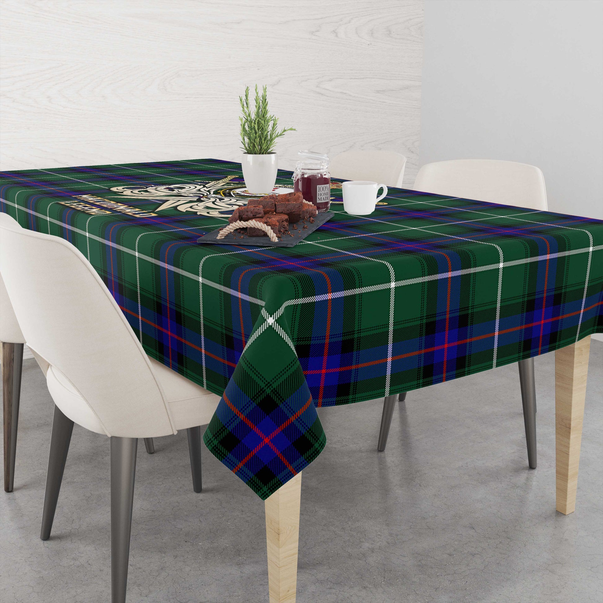 Tartan Vibes Clothing MacDonald of the Isles Hunting Modern Tartan Tablecloth with Clan Crest and the Golden Sword of Courageous Legacy