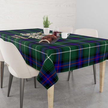 MacDonald of the Isles Hunting Modern Tartan Tablecloth with Clan Crest and the Golden Sword of Courageous Legacy