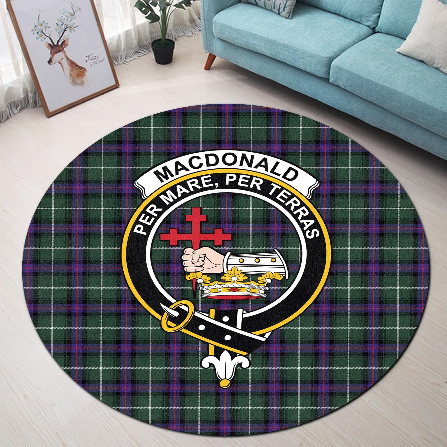 macdonald-of-the-isles-hunting-modern-tartan-round-rug-with-family-crest